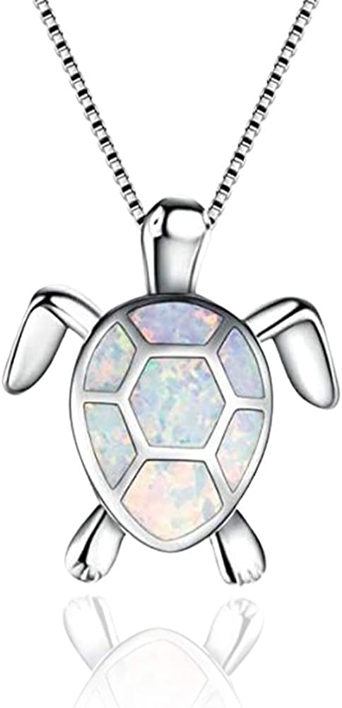 Hithop Cute Turtle Pendant Necklace Lovely Animals White Fire Opal Plated Silver Necklace Jewellery Gifts
