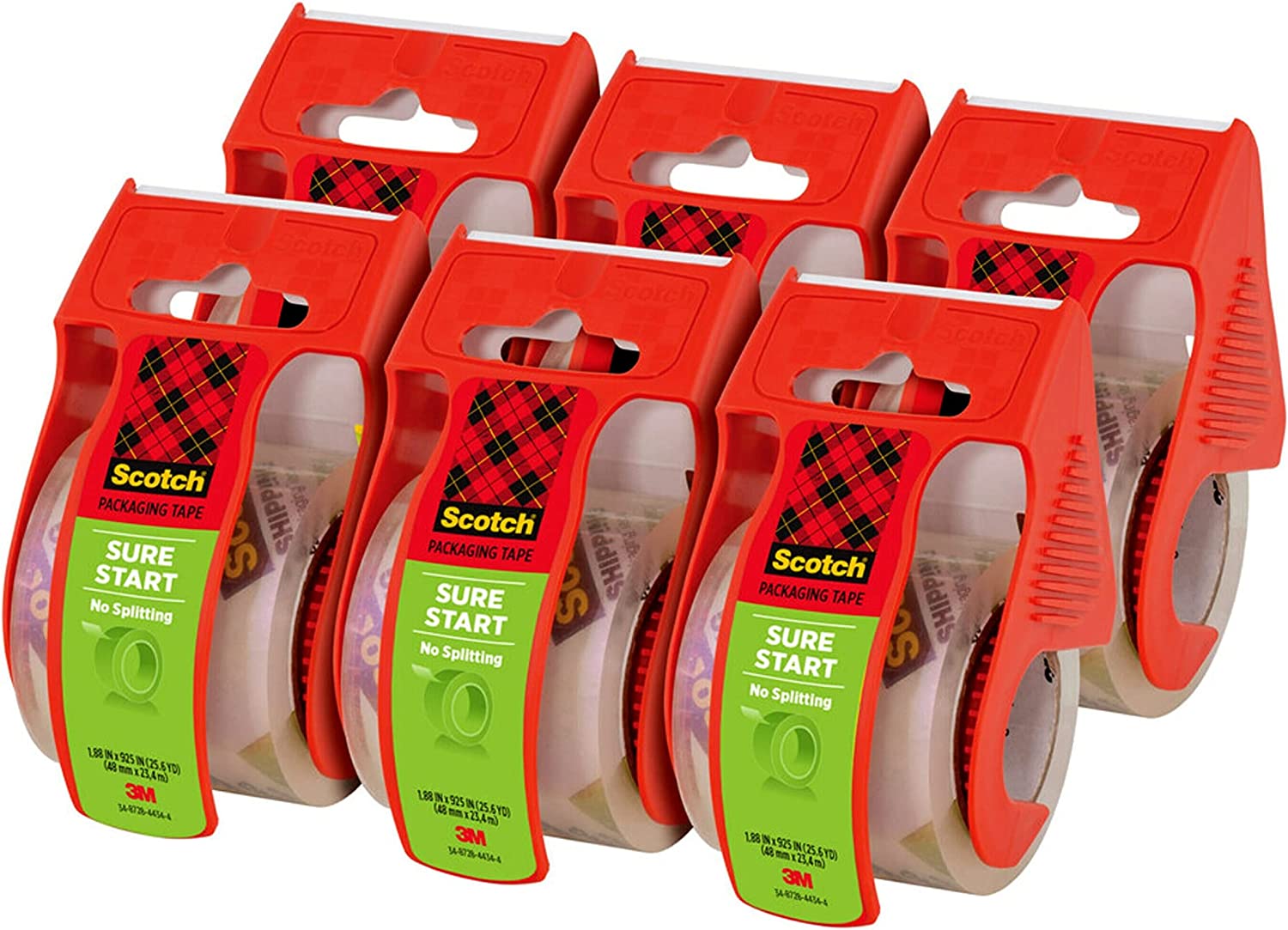Scotch Sure Start Shipping Packaging Tape, 1.88"x 22.2 yd, Designed for Packing, Shipping and Mailing, Quiet Unwind, No Splitting or Tearing, 1.5" Core, Clear, 6 Dispensered Rolls (145-6)