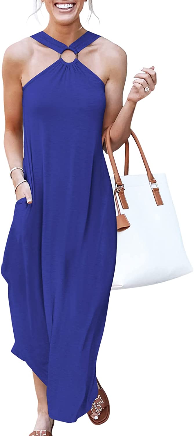 ANRABESS Women's Summer Casual Criss Cross Sundress Sleeveless Split Maxi Long Beach Dress with Pockets