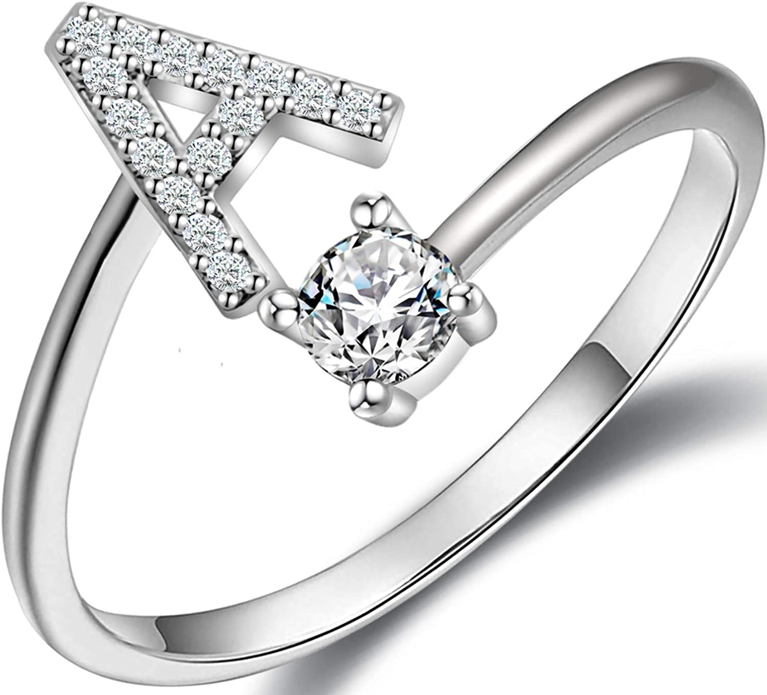 Haoze Initial Letter Ring for Women Girls Silver Stackable Alphabet Rings with Initial Adjustable Crystal Inlaid Initial Rings Bridesmaid Gift