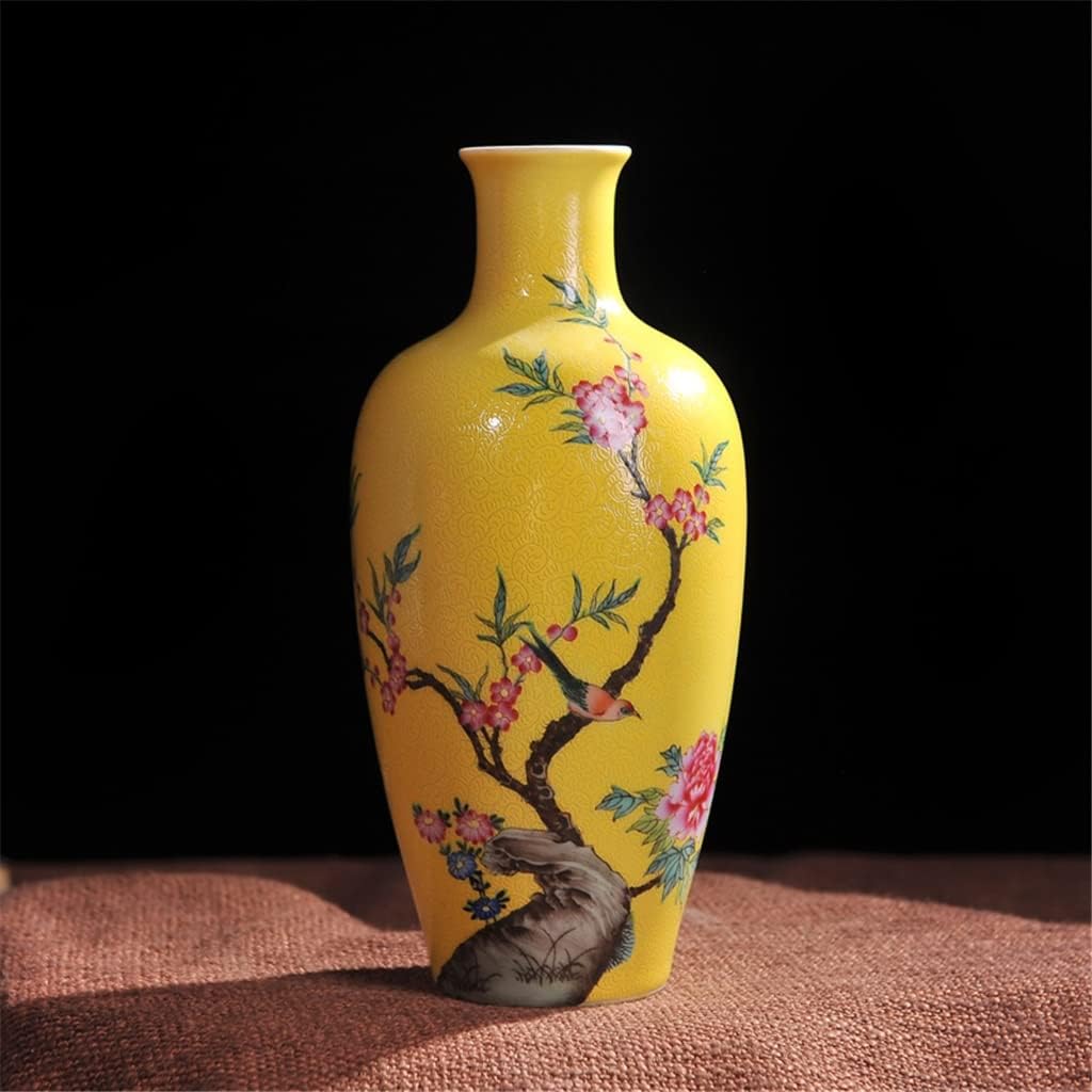 Boge Antique Yellow Color Glazed Porcelain Handpainted Flowers Birds Vases Household Furnishing Articles Porcelain Vase