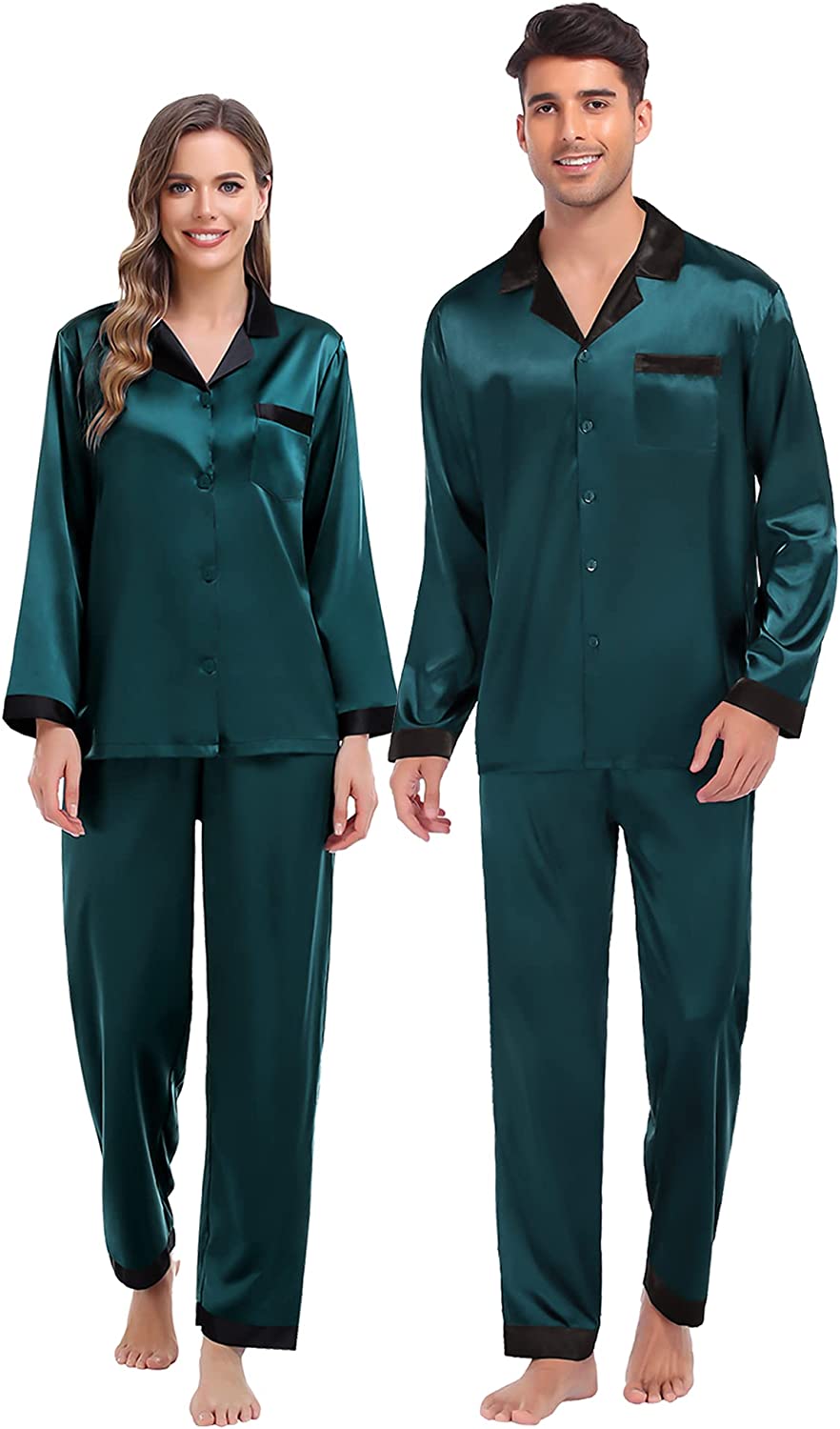 SWOMOG Couples Matching Pajamas Sets Silk Satin Long Sleeve Sleepwear Button-Down Soft Loungewear Loose Pjs Set