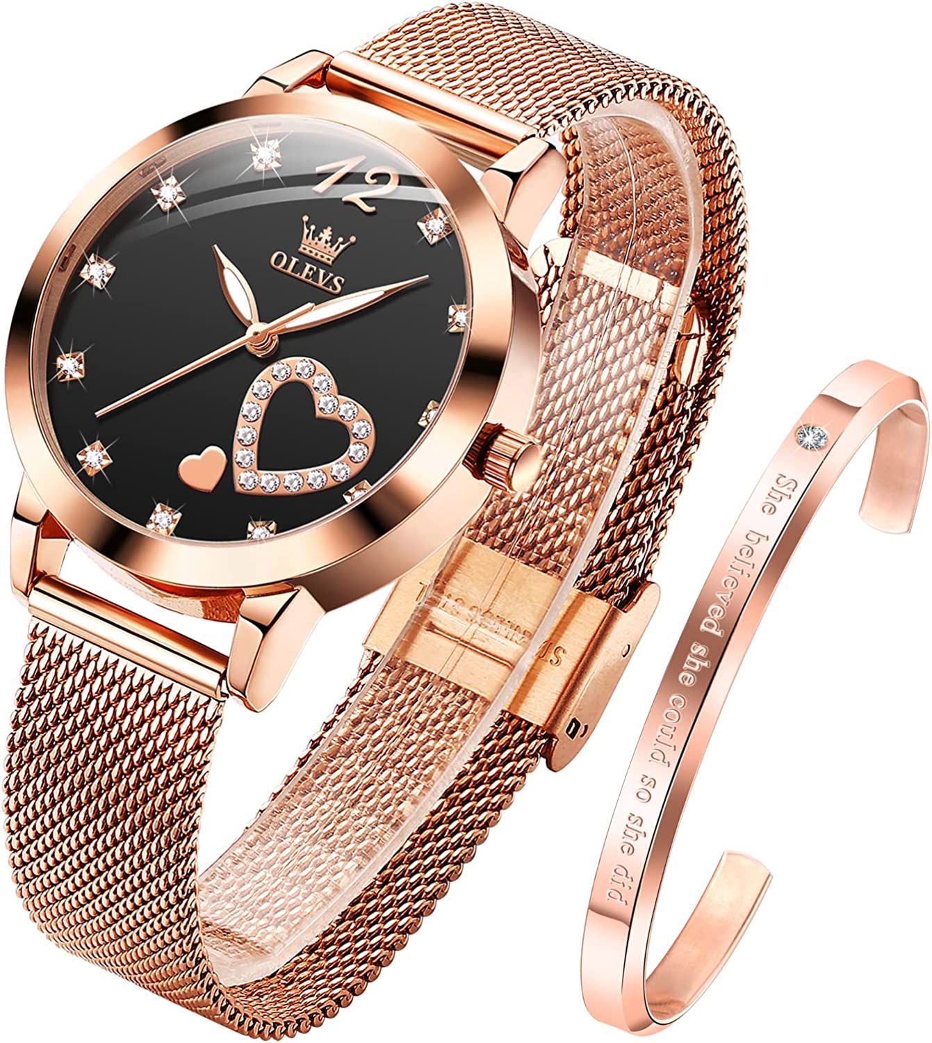 OLEVS Women's Rose Gold Watches Heart Diamond Japanese Quartz Movement Girls Ladies Wristwatch Big Face Waterproof Mesh Belt Watch and Bracelet Set Valentines Day Gifts