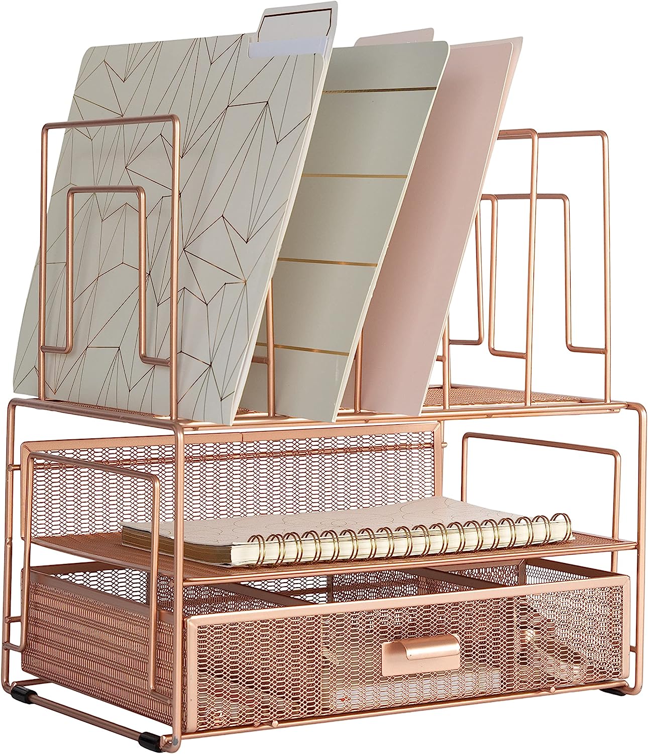 BLU MONACO Workspace Rose Gold Desk Organizers and Storage Accessories Desktop Rack File Organizer with File sorters and Drawer for Office Supplies, Paper, Device and Folder