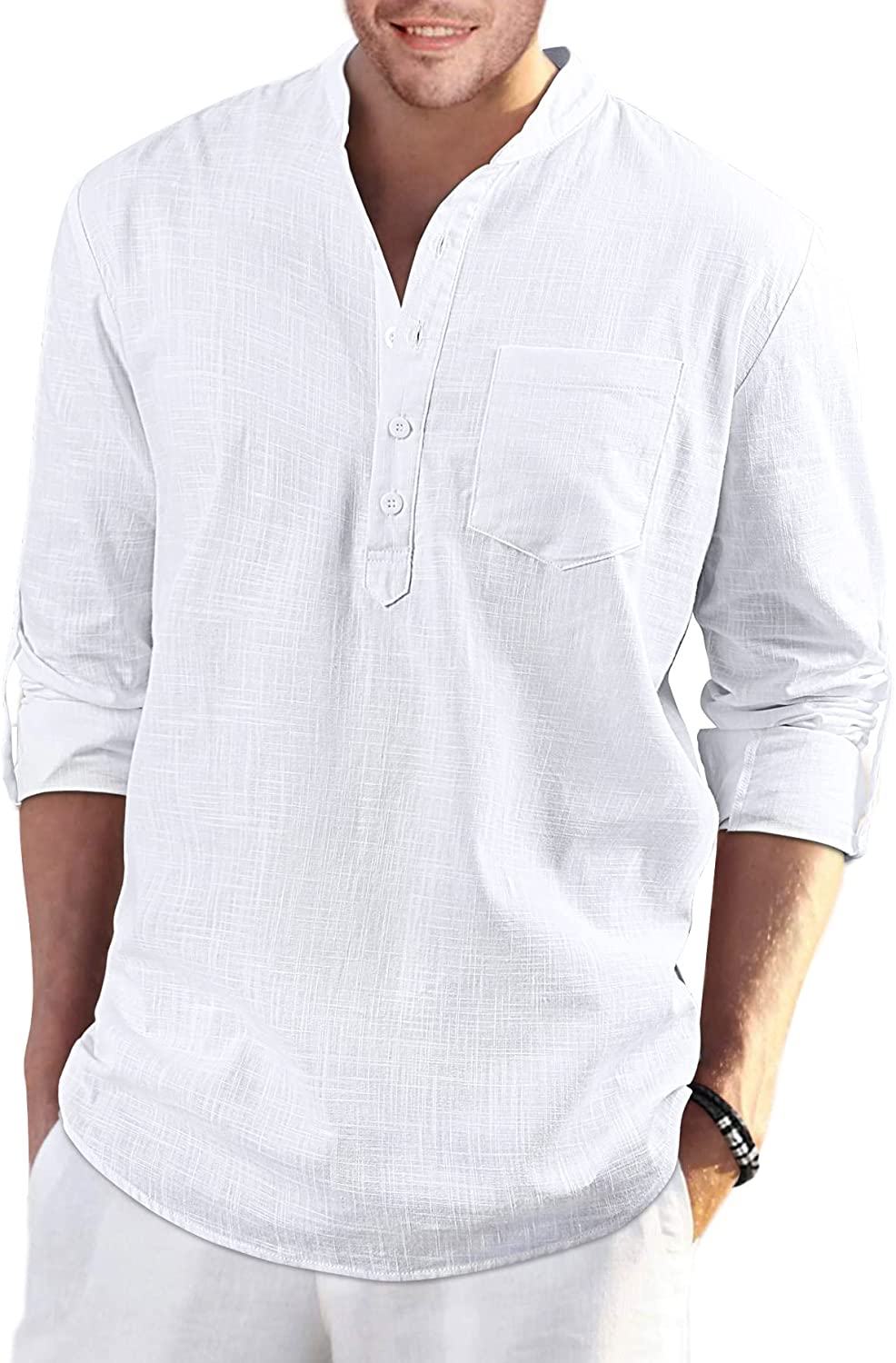 Enlision Mens Cotton Linen Henley Shirts Casual Button Down Summer Beach Shirt Long Sleeve Hawaiian Hippie Shirt for Men