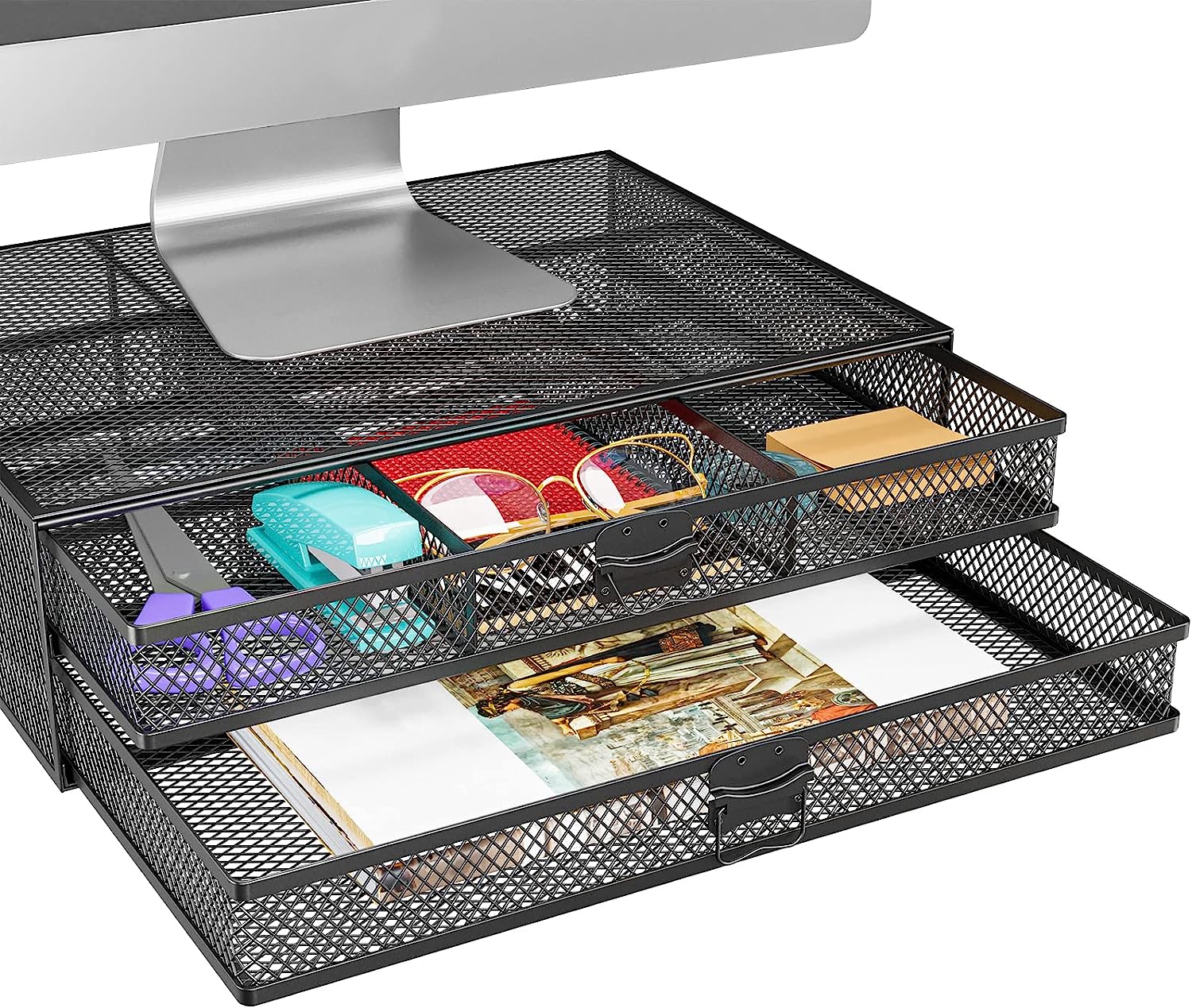 WALI Metal Mesh Monitor Riser Desktop Stand with Storage Drawers for Computer, Laptop, LED, LCD, OLED Flat Screen Display, and Printer (STT006-B), Black