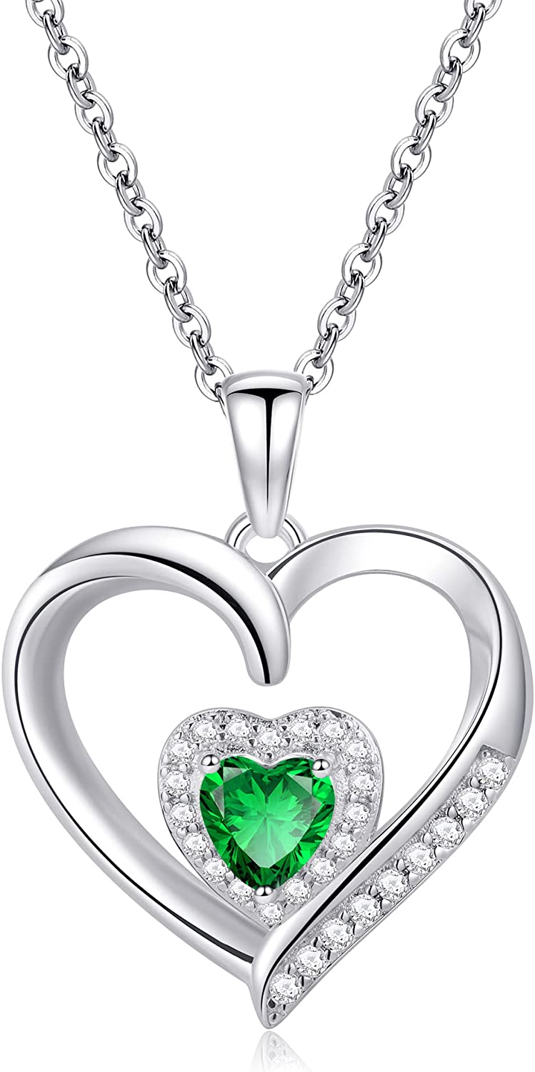 GLIVEOR Heart Birthstone Necklace for Women, S925 Sterling Silver Necklace Birthstone Necklace Heart Necklace for Women Teen Girls Birthday Jewelry Gifts for Women Teen Girls