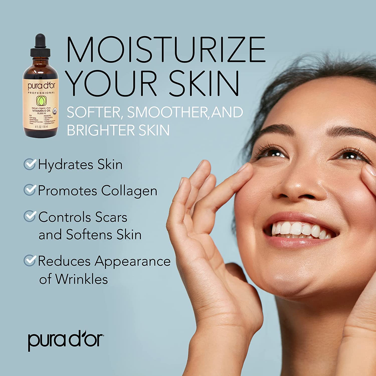 PURA D'OR Organic Vitamin E Oil Blend 70,000 IU (4oz / 118mL) 100% Natural Hexane Free, Sweet Almond, Apricot, Jojoba, Argan, Rosehip, Sunflower & Avocado Bath Oil for Scars, Skin, Face & Full Body