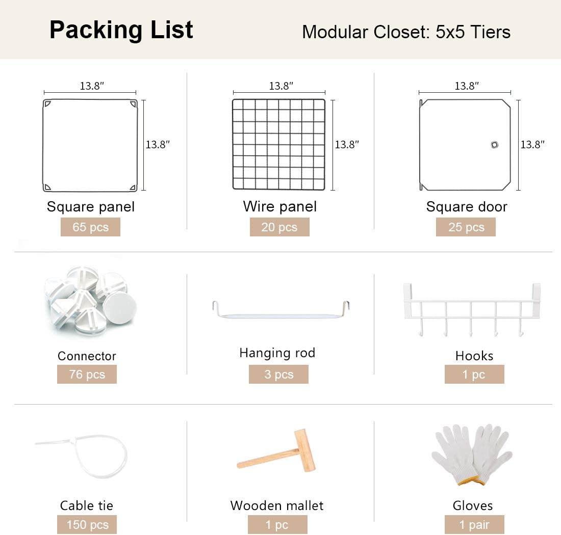 YOZO Cube Storage Organzier Portable Closet Wardrobe Bedroom Dresser (71x14x71 inches) Portable Closet Cube Shelf Armoire Pantry Cabinet， 25 Cubes， White