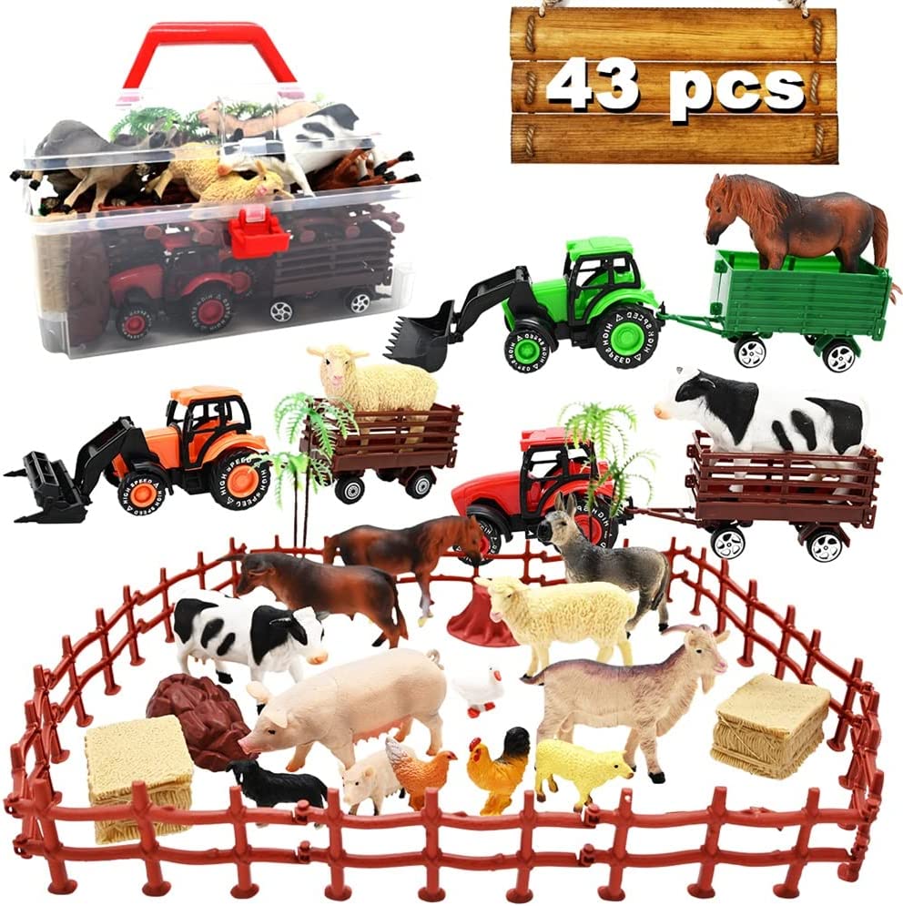 3 Pack Farm Toy Tractor with 40pcs Plastic Farm Animals Figurines and Fence Farm Playset, Farm Figures Farmer Vehicle Toy Truck with Trailer for 3-12 Years Old Kids Boys Girls Toddlers