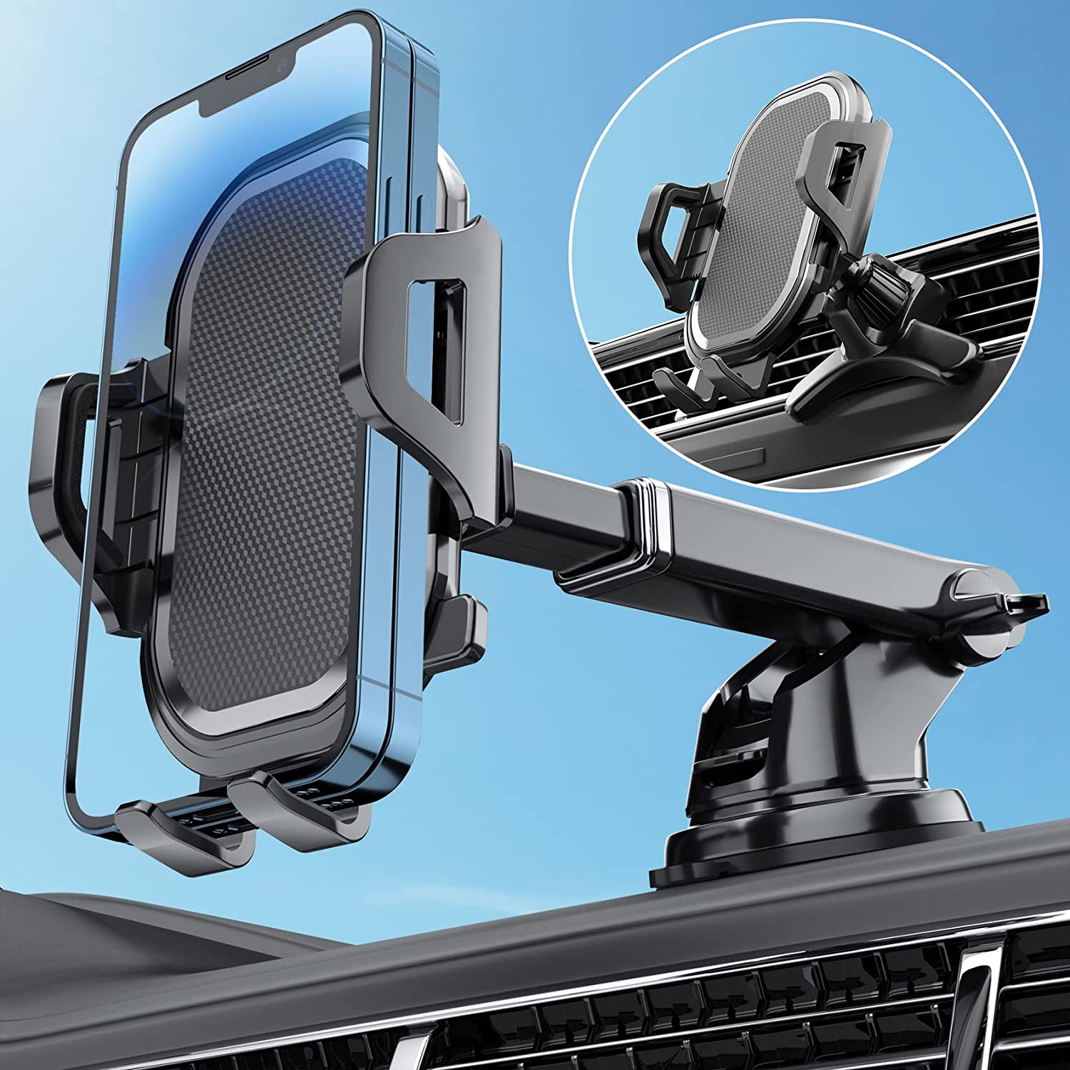 Felaladress Phone Mount for Car, [Holder Stability Anti-Shake] 3in1 Long Arm Suction Cup Holder Universal Cell Phone Holder Mount Dashboard Windshield Vent Compatible with All Smartphones