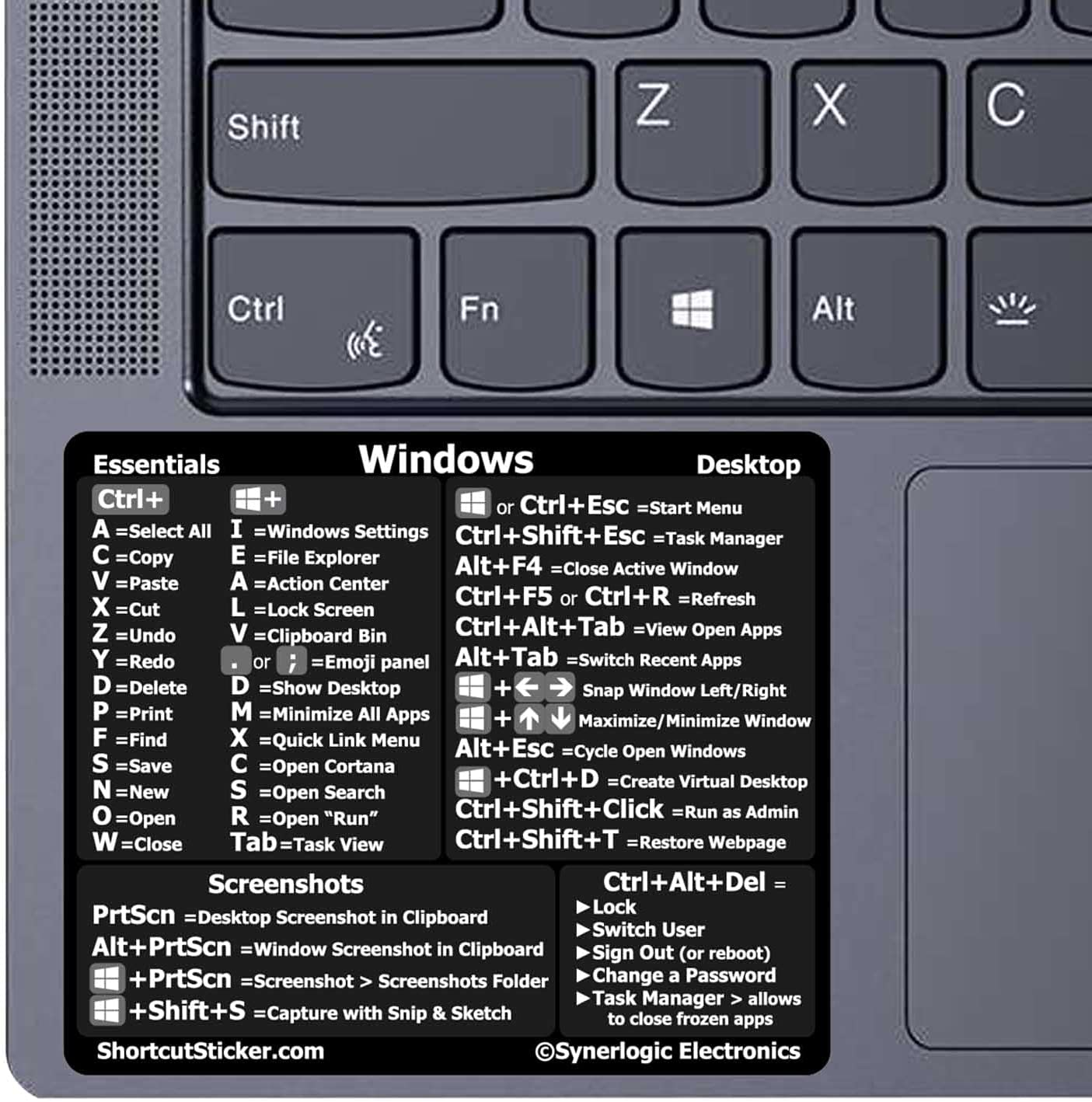 SYNERLOGIC Windows PC Reference Keyboard Shortcut Vinyl Sticker, Laminated, no-Residue Adhesive, for Any PC Laptop or Desktop SM: 3"x2.5" (Black)