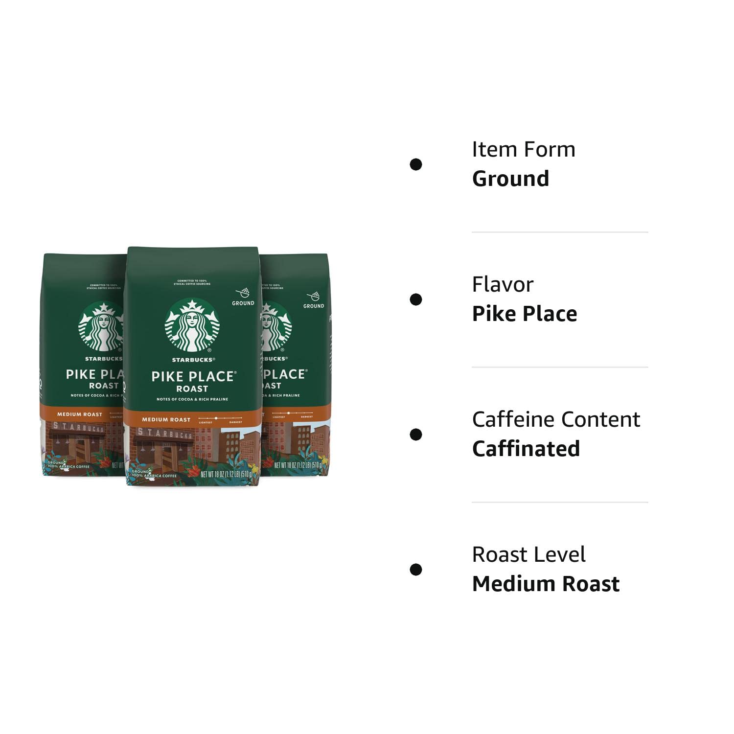 Starbucks Ground Coffee—Medium Roast Coffee—Pike Place Roast—100% Arabica—3 bags (18 oz each)