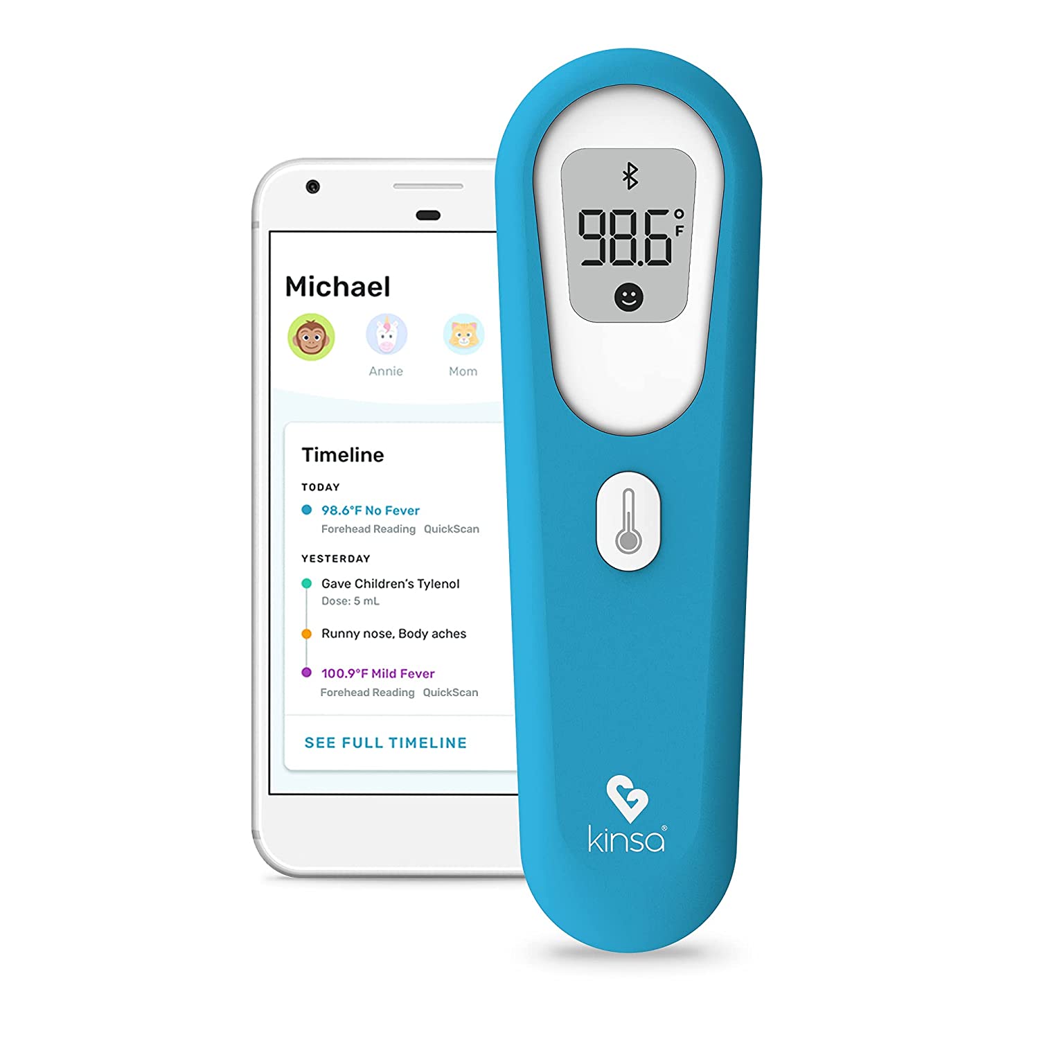 Kinsa QuickScan Non-Contact Smart Forehead Thermometer & App - Pairs with Smartphone to Track Family Health & Get Illness Guidance - Contactless, No Touch Thermometer FDA Cleared Adults & Kids
