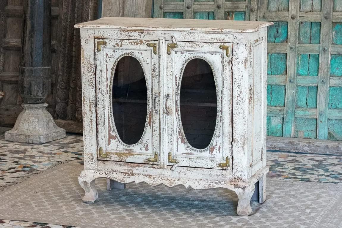Antique Indian Glass Doors Brass Work Hand Carved Solid Wooden Cabinet Whitewash, Cabinet Storage Units Indian Solid Wood,Living Room Bedroom Furniture,Modern Cabinet