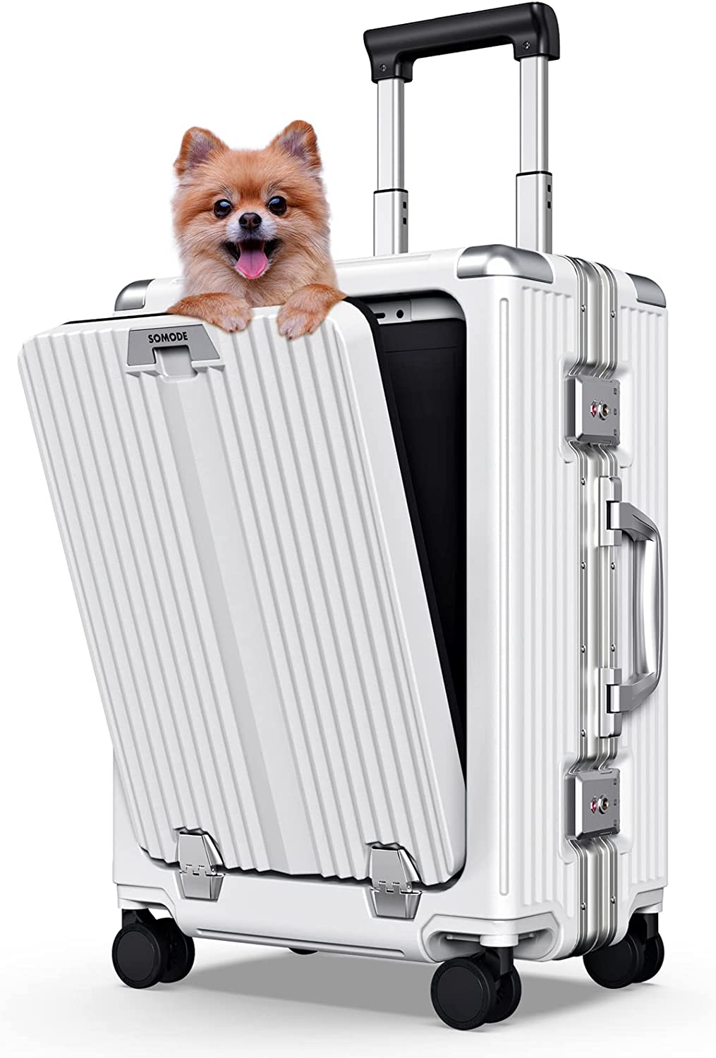 SOMODE Airline Approved Carry On Luggage with Spinner Wheels,Aluminum Framed Carry On Suitcase with Front Open Laptop Compartment/Pocket 22×14×9 inch Large Checked-in Luggage(White)