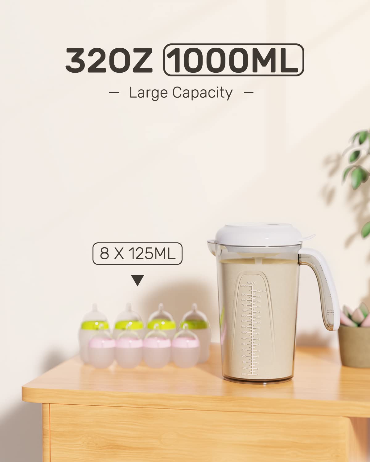 Grownsy 32OZ Baby Formula Mixer Pitcher, Rechargeable Electric Formula Mixing Pitcher, Automatically Mixing for Formula Powder Without Air Bubbles or Lumping,BPA Free,Easy to Clean