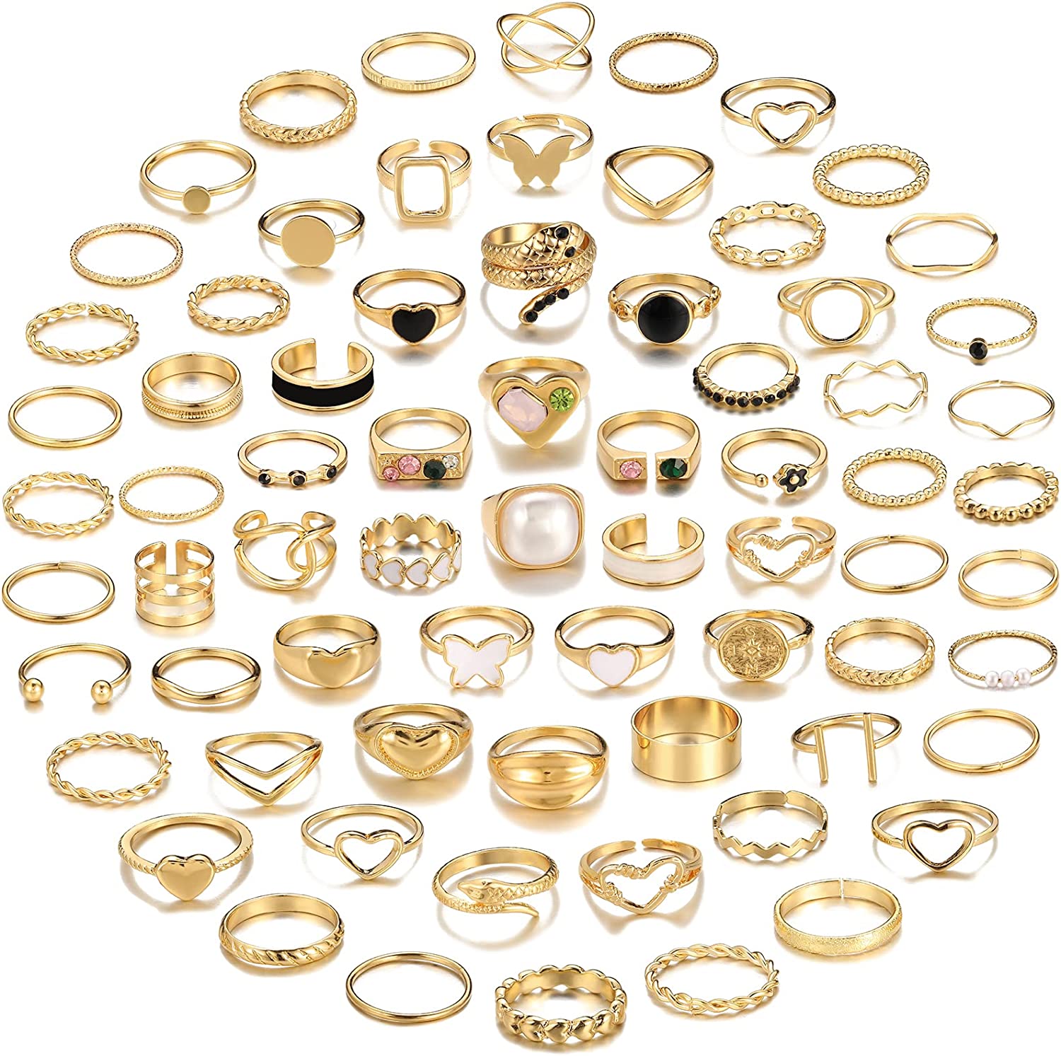 Dodder 70 Pcs Vintage Gold Knuckle Rings Set for Women Girls, Boho Crystal Finger Rings Aesthetic Heart Chunky Ring, Silver Stackable Midi Rings Pack for Gift