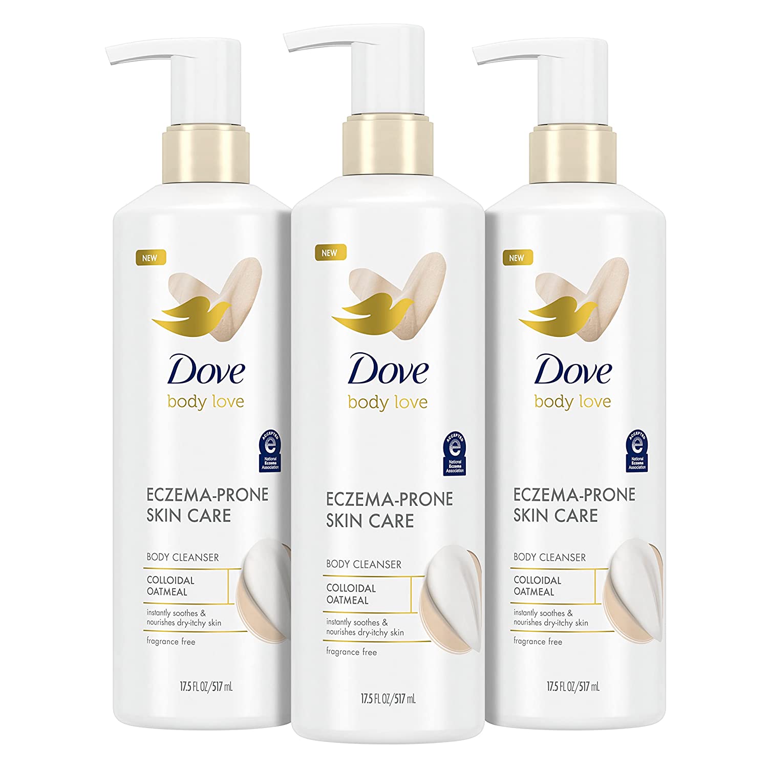 Dove Body Love Body Cleanser Eczema-Prone Skin Care Colloidal Oatmeal 3 Count Fragrance Free Body Wash Instantly Soothes & Nourishes Dry-Itchy Skin 17.5 FO
