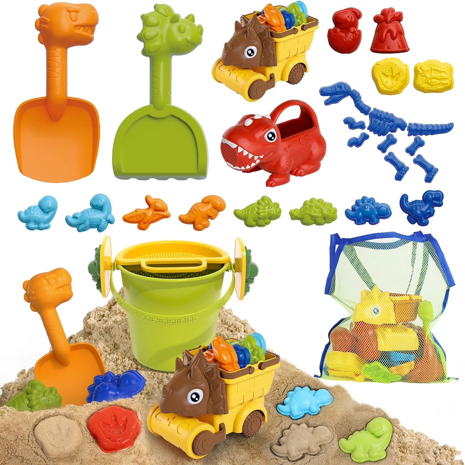 Lehoo Castle Kids Beach Sand Toys Set, 34 Pcs Dinosaur Outdoor Tools with Sandbox Take Apart Construction Truck, Buckets, Mesh Bag, Watering Can, Sand Molds for Toddlers, Boys and Girls