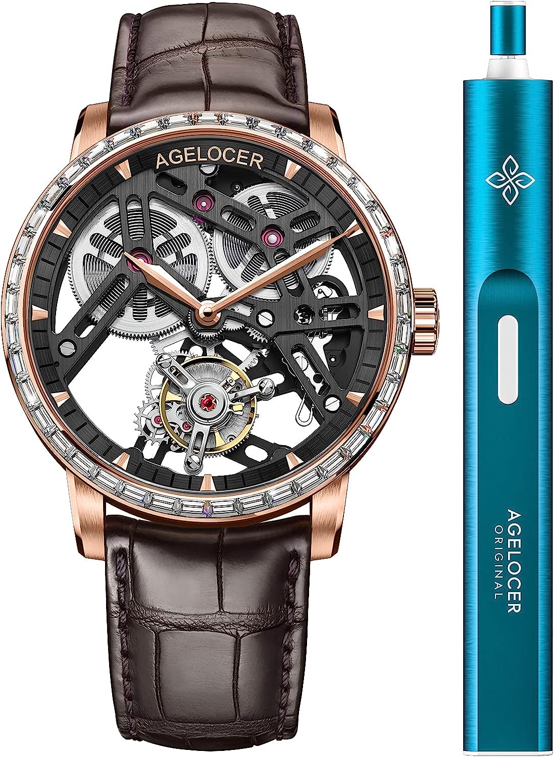 AGELOCER Mens Watch Tourbillon Double-Sided Hollow Self Winding Mechanical Leather Luxury Watches for Men