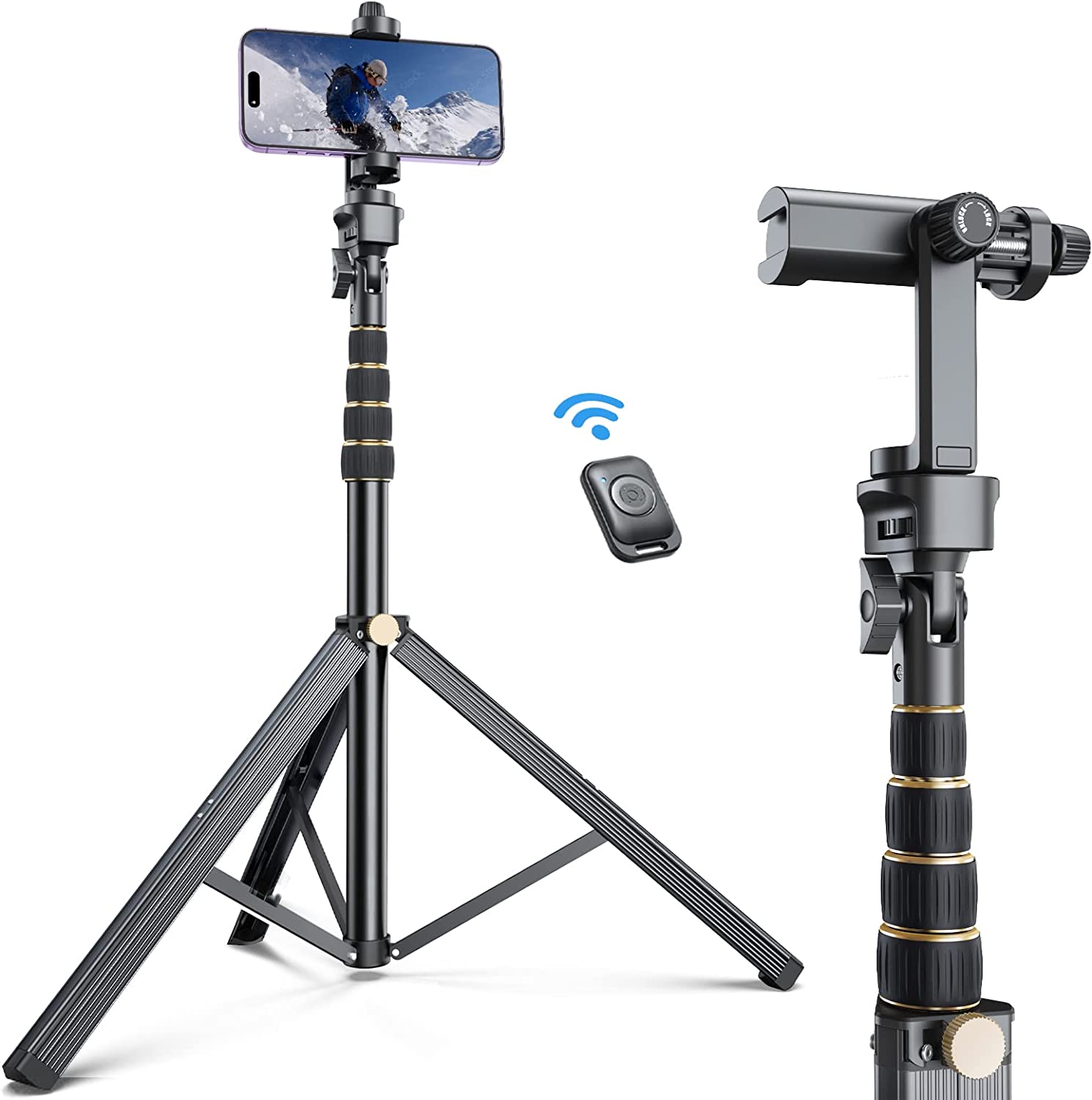 Newest 68'' iPhone Tripod Stand with Remote, PINERFTR Tall Cell Phone Tripod with 360 Rotation Phone Holder, Gold Knob Travel Tripod with iPhone 14 13 12 11Pro Max/Samsung
