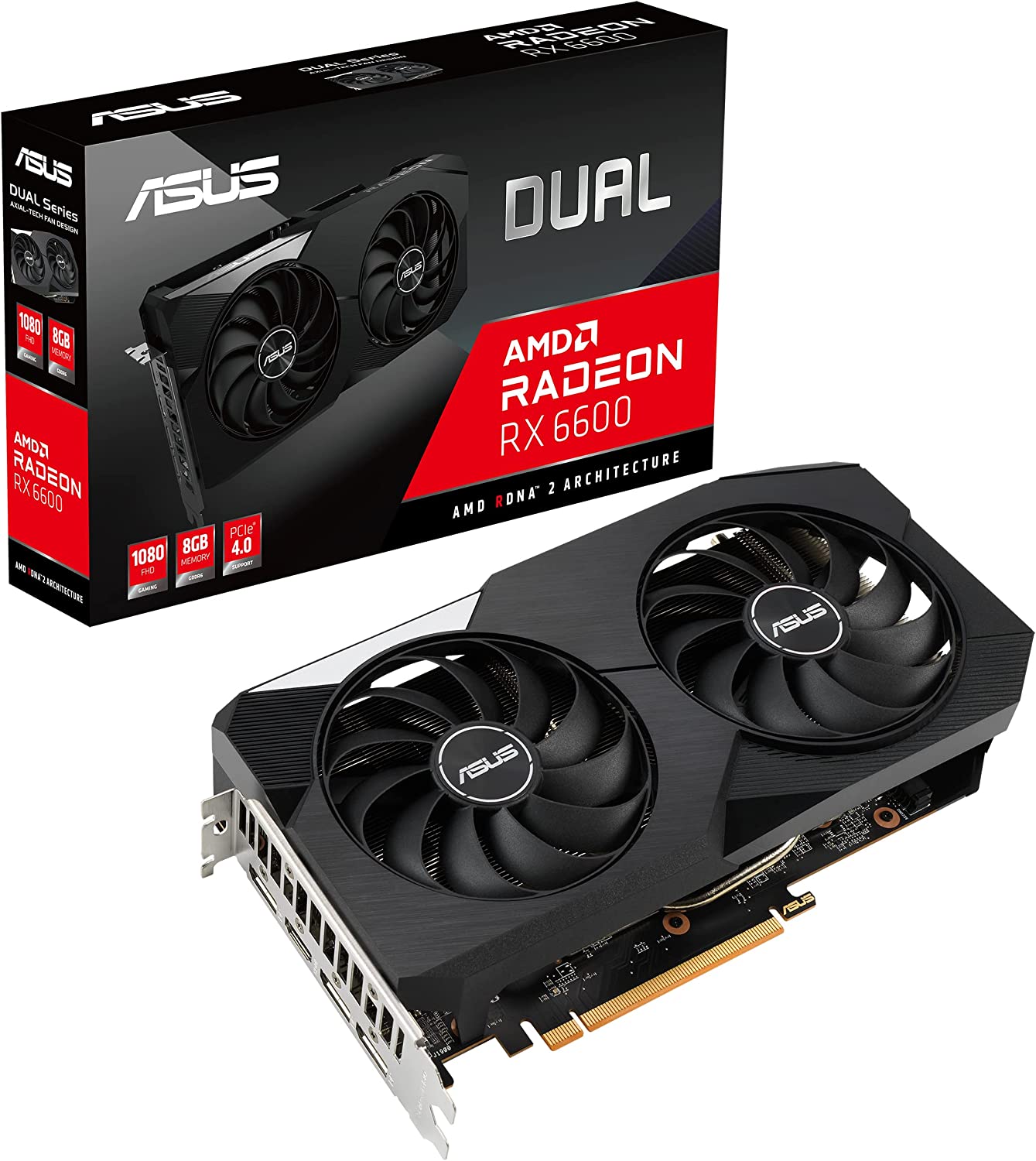 ASUS Dual AMD Radeon? RX 6600 8GB GDDR6 Gaming Graphics Card (AMD RDNA? 2, PCIe 4.0, 8GB GDDR6 memory, HDMI 2.1, DisplayPort 1.4a, Axial-tech fan design, 0dB technology)