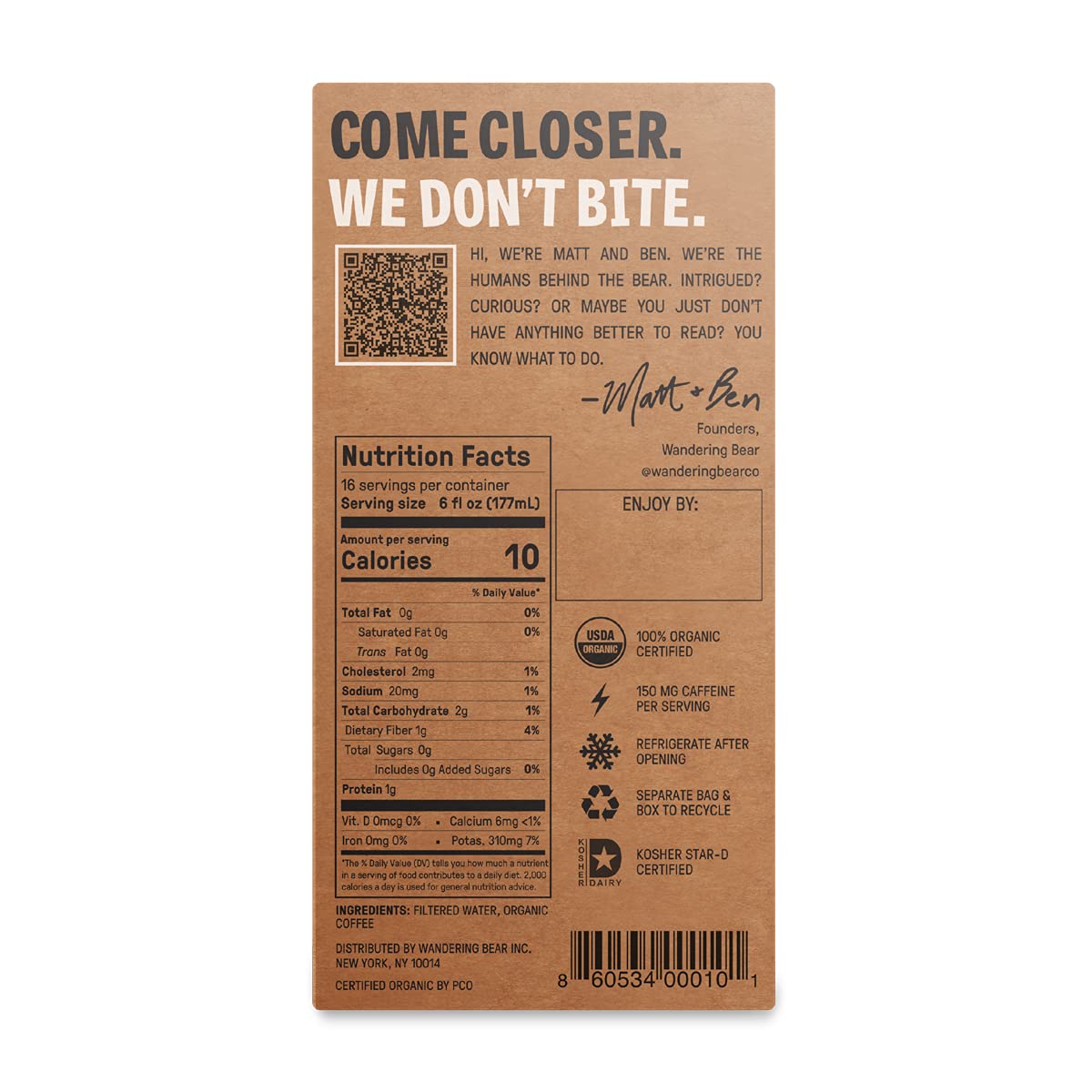 Wandering Bear Organic Straight Black Cold Brew Coffee On Tap， 96 fl oz - Extra Strong， Smooth， Unsweetened， Shelf-Stable， and Ready to Drink Cold Brew