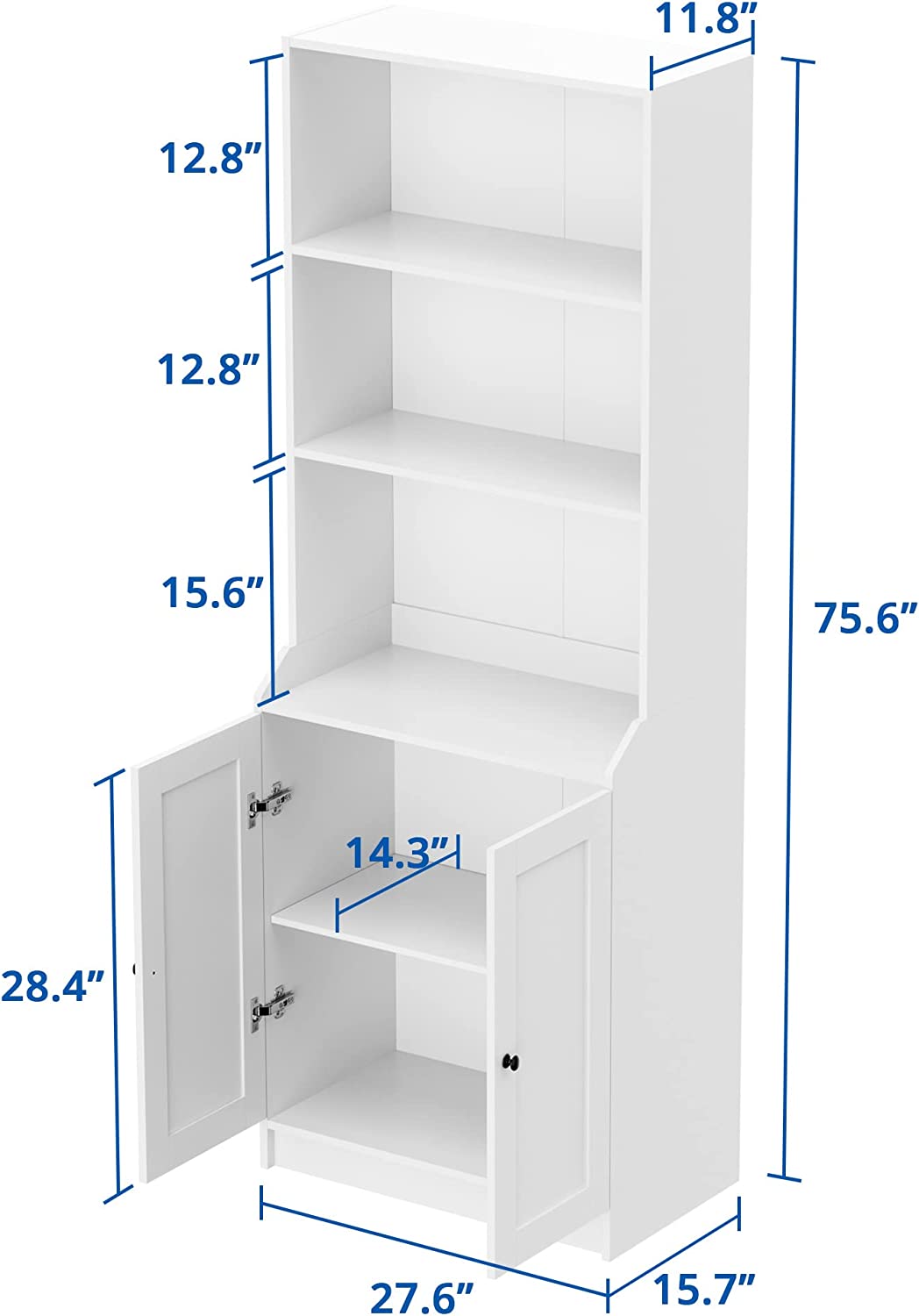 Cozy Castle White Bookshelf with Doors， Tall Bookcase with 3-Tier Open Shelves for Bedroom， Living Room， 27.6" W x 15.7" D x 75.6" H