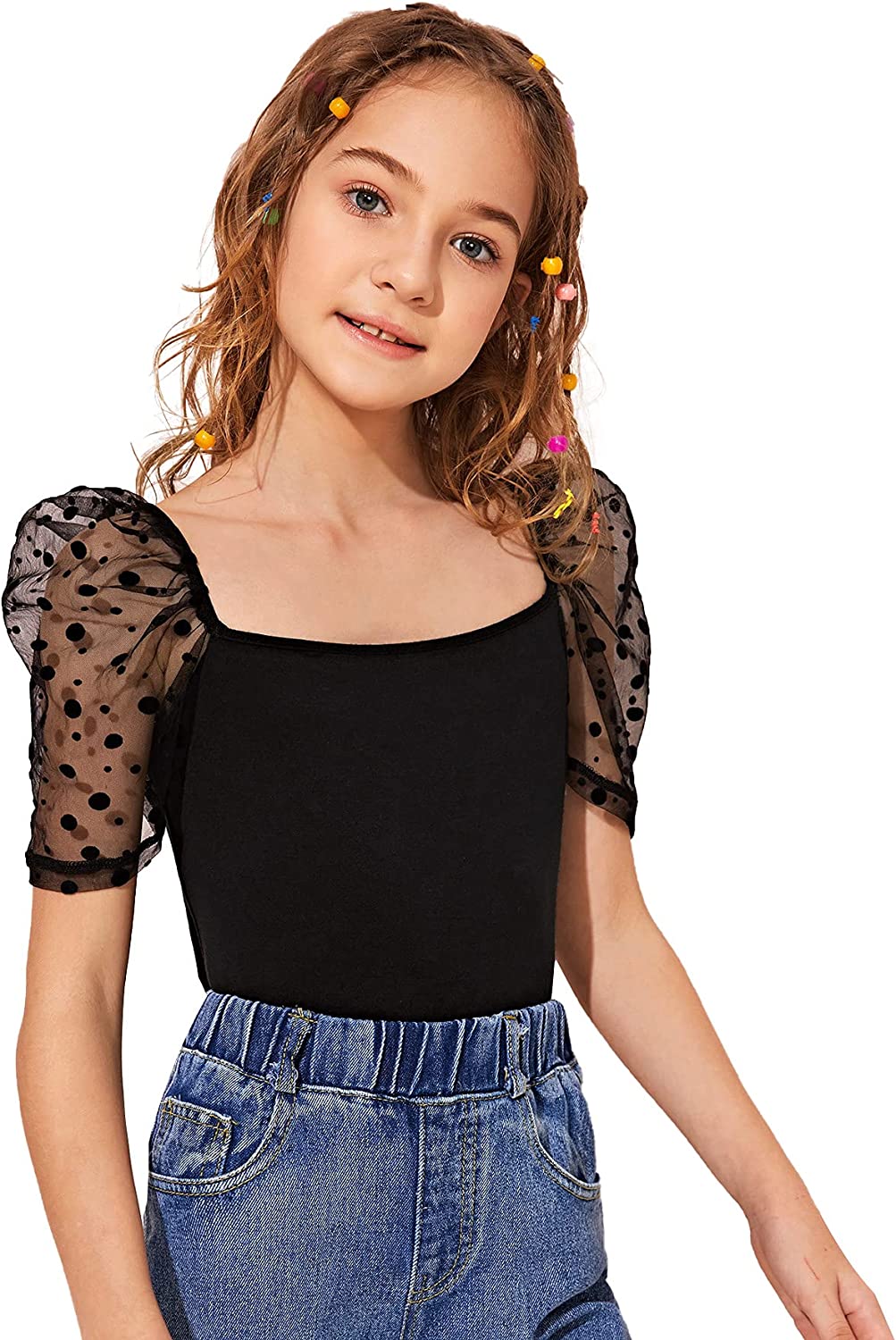 SOLY HUX Girl's Contrast Mesh Puff Short Sleeve Tee Square Neck T Shirt Top