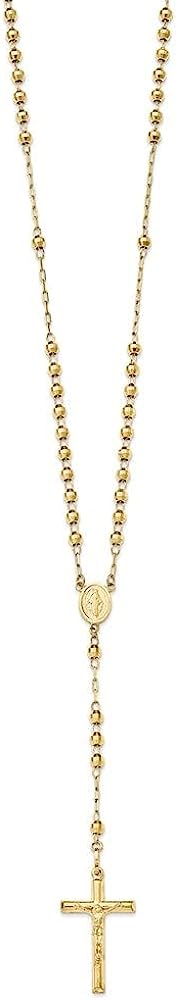 Diamond2Deal 14k Yellow Gold Diamond-cut 4mm Beaded Semi-solid Rosary 24 inch Necklace Fine Jewelry Gift for Women