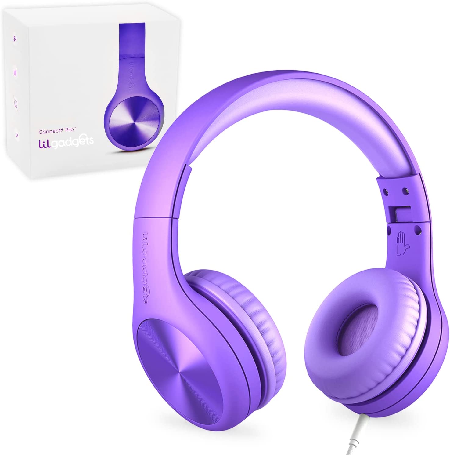 LilGadgets Connect+ Pro Wired Kids Headphones - Designed with Kids' Comfort in Mind， Child-Friendly Foldable Over-Ear Headset with in-line Microphone， Perfect for Toddlers in School， Purple