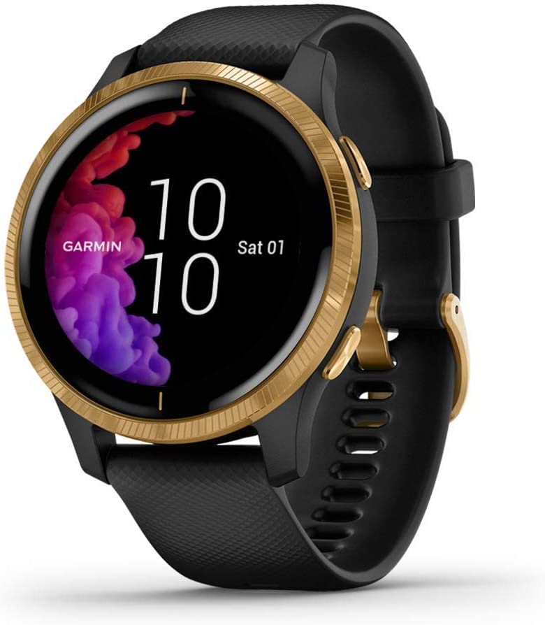 Garmin Venu， GPS Smartwatch with Bright Touchscreen Display， Features Music， Body Energy Monitoring， Animated Workouts， Pulse Ox Sensor and More， Gold with Black Band (Renewed)
