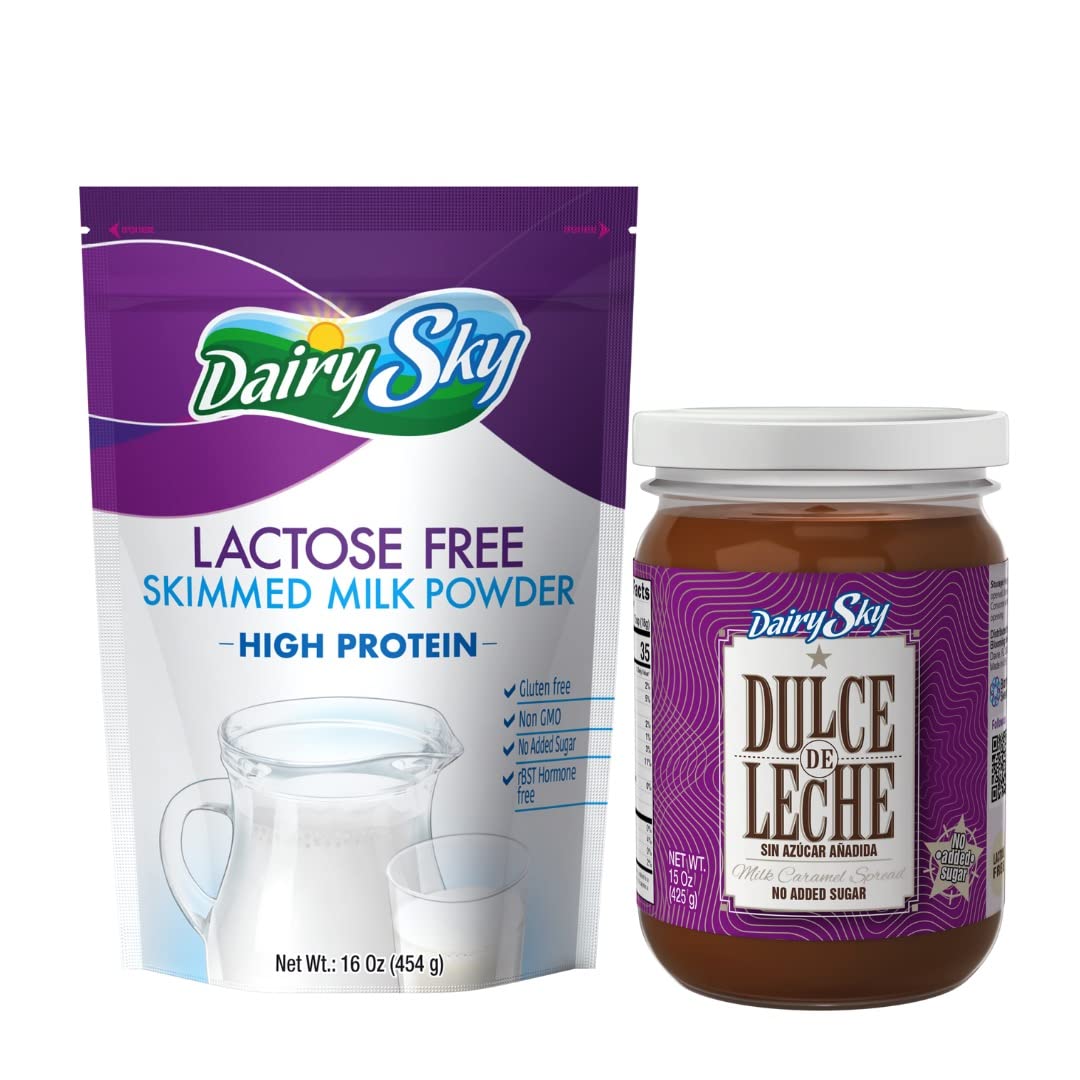 DairySky Lactose Free Milk Powder & Dulce de Leche Sin Azucar | Lactose Free Nonfat Milk Kosher with Protein & Calcium | Caramel No Added Sugar, Gluten Free Used for Ice Cream, Desserts, Coffee,& More