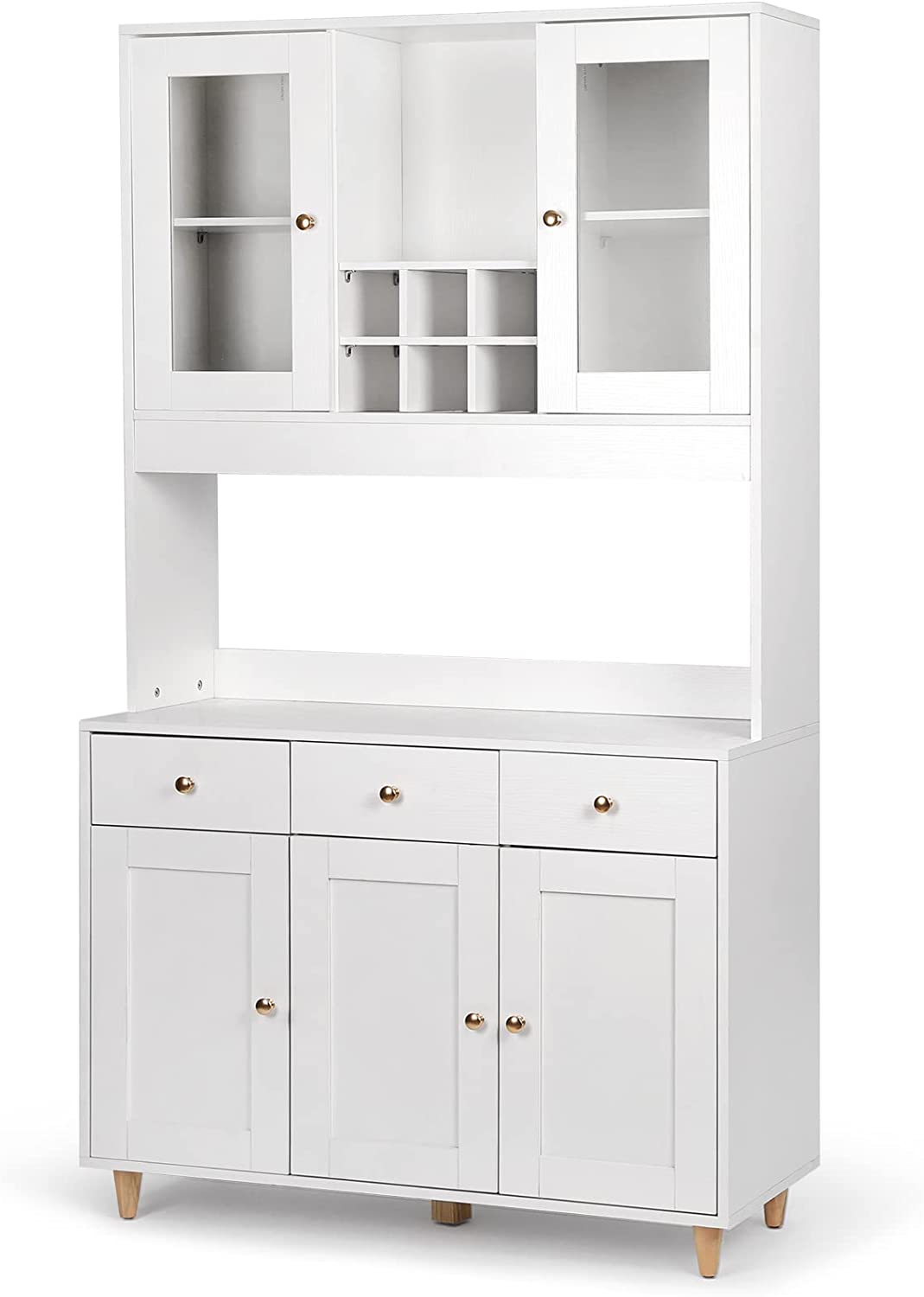 VOWNER 71" Traditional Freestanding Kitchen Pantry Storage Cabinet， Pantry Cabinet with 3 Drawers and 5 Storage Cabinets， White