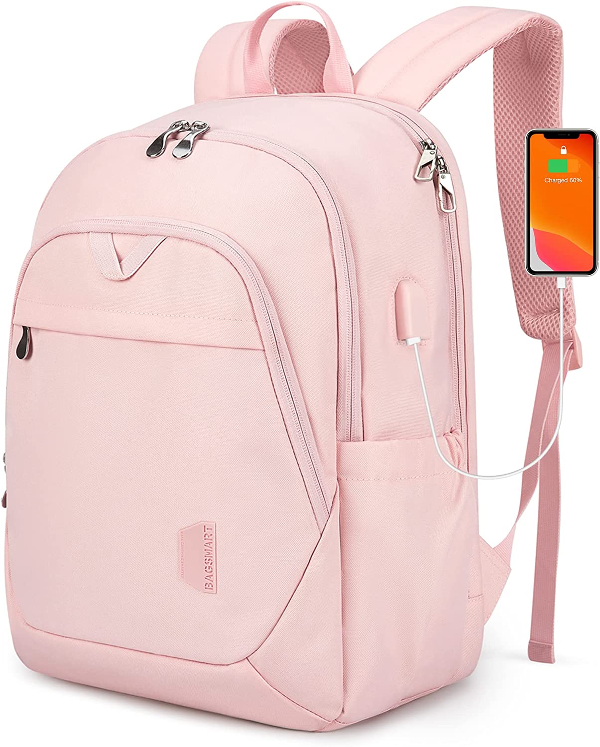 BAGSMART Travel Laptop Backpack Women, 15.6 Inch Anti Theft Laptop Backpack with USB Charging Port Water Resistant Casual Daypack College School Bookbags Computer Backpack for Work, Pink