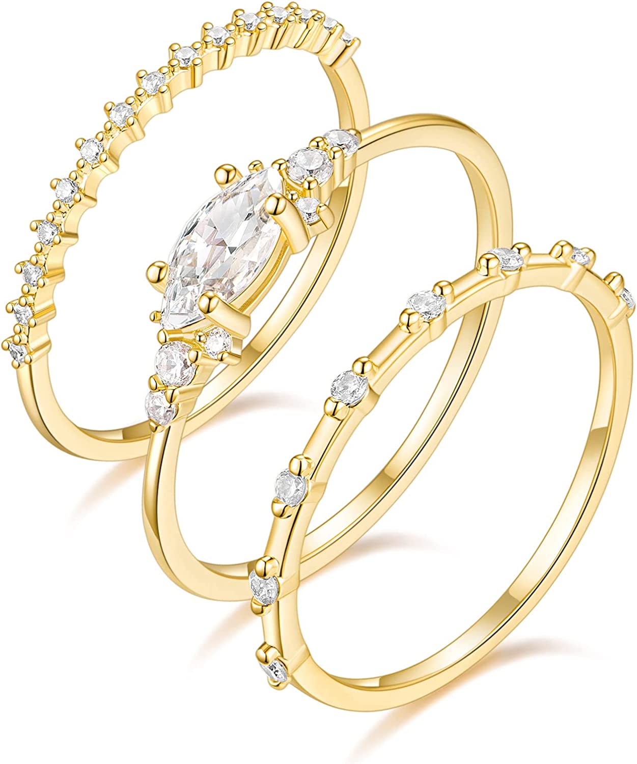 TIGRADE 1.5mm 14K Gold Plated Stacking Rings for Women Girls Fashion Knuckle Thin Gold Ring Marquise & Round Cubic Zirconia Statement Ring Size 3-13 1PC/3PCS