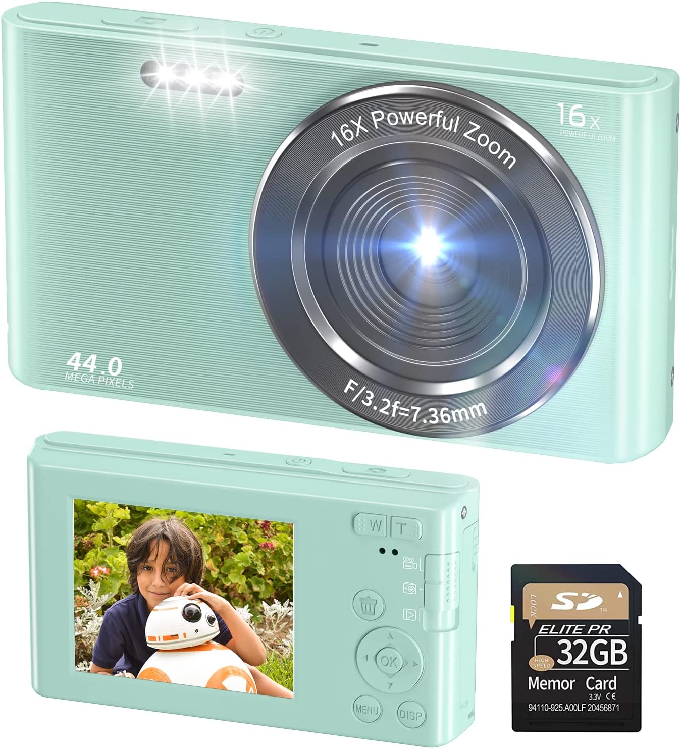 Digital Camera 4K 44MP Compact Point and Shoot Camera with 16X Digital Zoom 32GB SD Card,Kids Camera 2.4 Inch, Vlogging Camera for Teens Students Boys Girls Seniors(Green2)