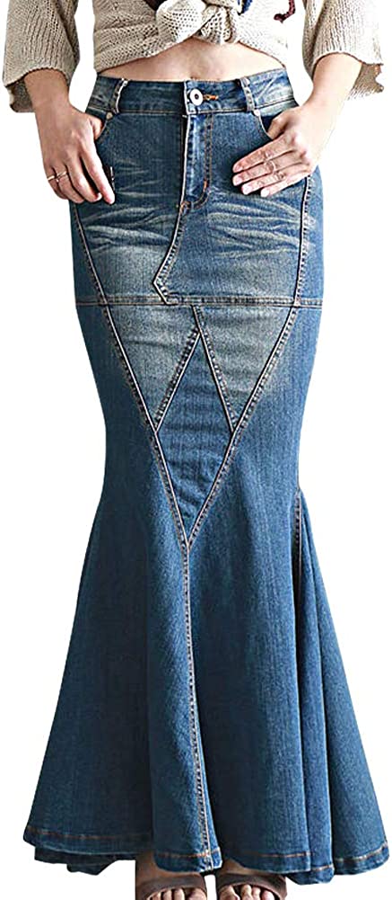 LISUEYNE Women's Casual Stretch Waist Washed Denim Ruffle Fishtail Skirts Long Jean Skirt