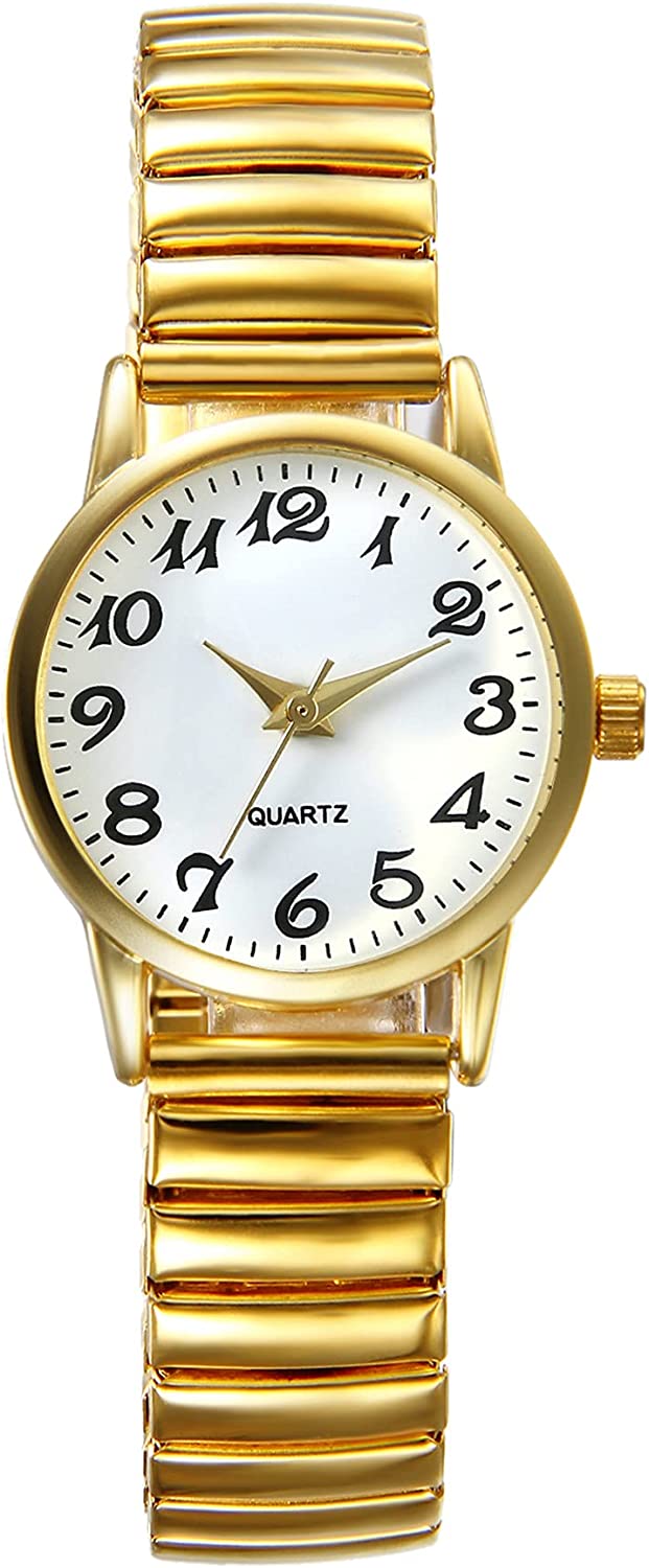 JewelryWe Women's Ultra Thin Easy Reader Watch with Elastic Strap, Golden/Silver Watch