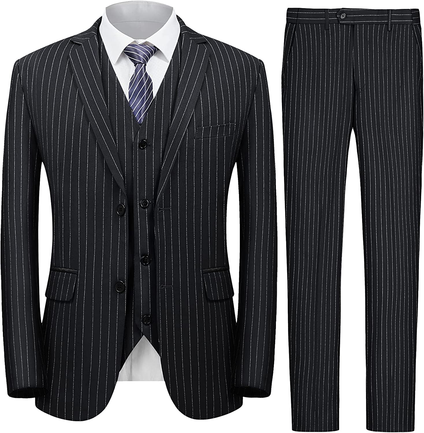MAGE MALE Men’s Pinstripe 3 Piece Suit Slim Fit Elegant Single Breasted Business Wedding Party Blazer Vest& Pants Set
