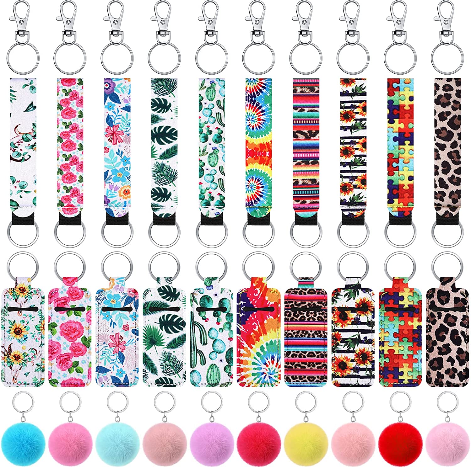 Junkin 40 Pcs Lipstick Holder Keychain Lip Holder Keychain Clip on Lipstick Pouch Fluffy Ball Keychain with Keyring