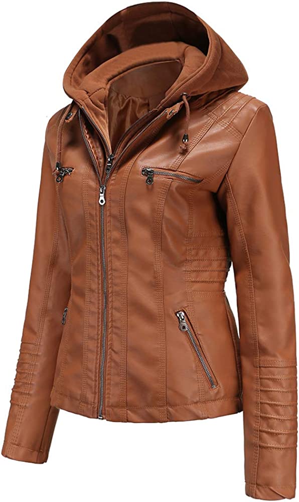 Tagoo Faux Leather Jacket Women Motorcycle Coat for Biker with Removable Hood Plus Size