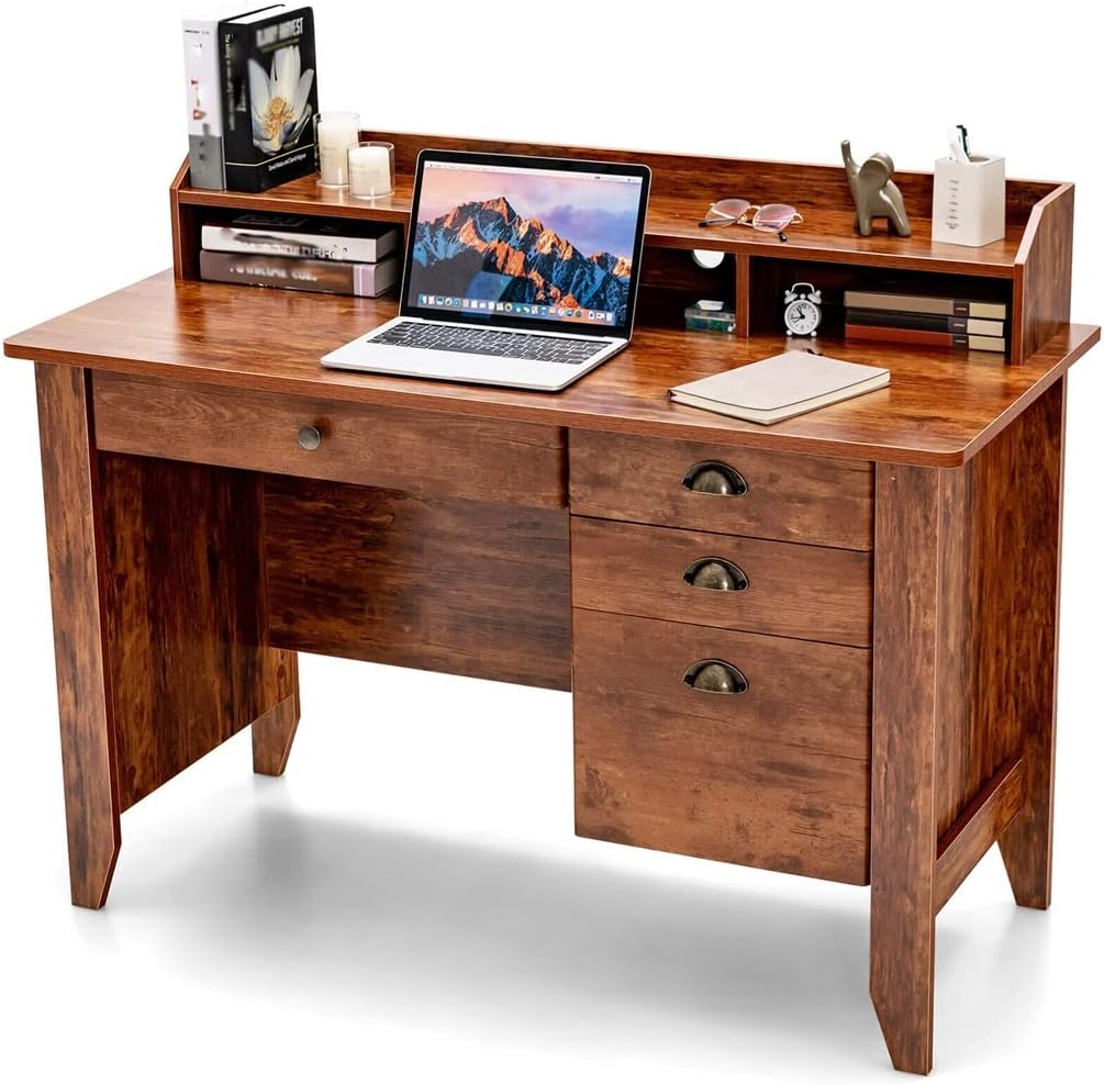 BHVXW Computer Desk PC Laptop Writing Desk Workstation Antique Brown Desk with Drawers and Shelves