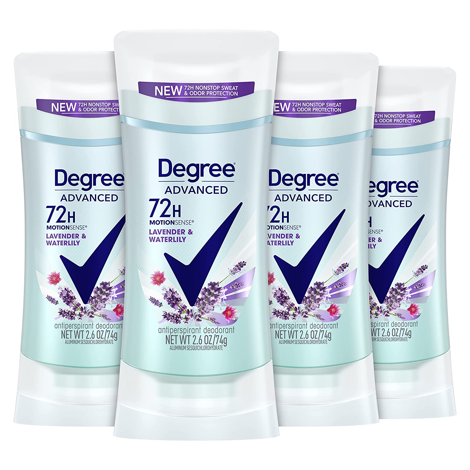 Degree Antiperspirant Deodorant 72-Hour Sweat and Odor Protection Lavender and Waterlily Antiperspirant for Women with?MotionSense?Technology 2.6 oz 4 Count