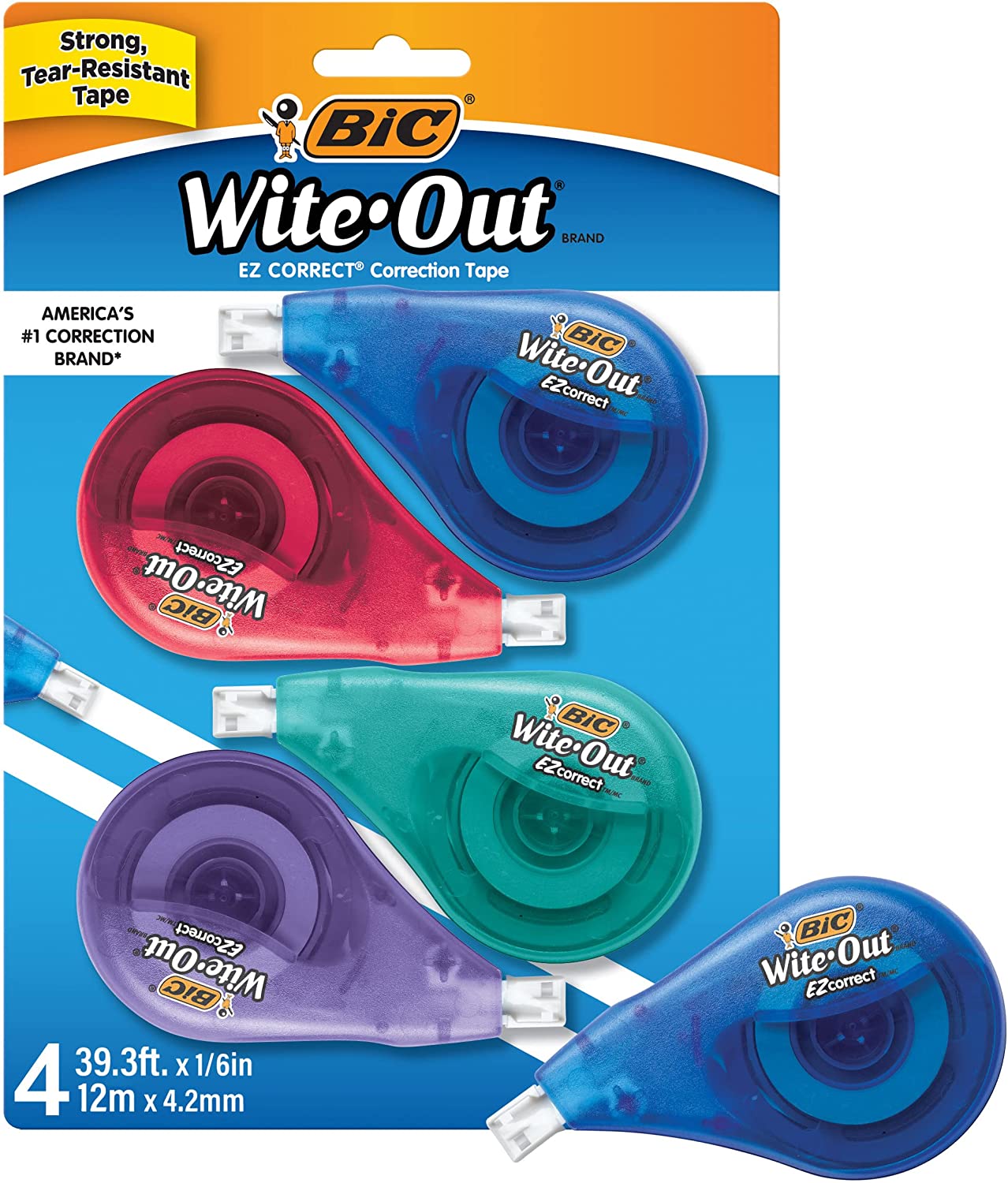 BIC Wite-Out Brand EZ Correct Correction Tape, 19.8 Feet, 4-Count Pack of white Correction Tape, Fast, Clean and Easy to Use Tear-Resistant Tape Office or School Supplies