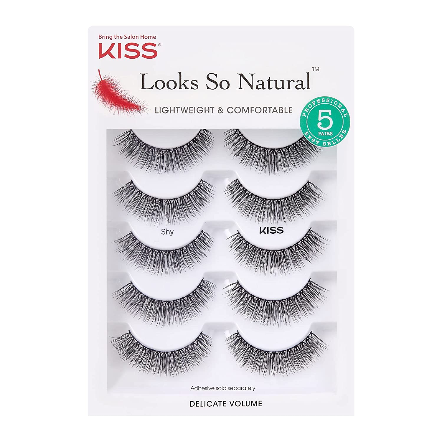 KISS Looks So Natural False Eyelashes Multipack, Lightweight & Comfortable, Tapered End Technology, Reusable, Cruelty-Free, Contact Lens Friendly, Style 'Shy', 5 Pairs Fake Eyelashes