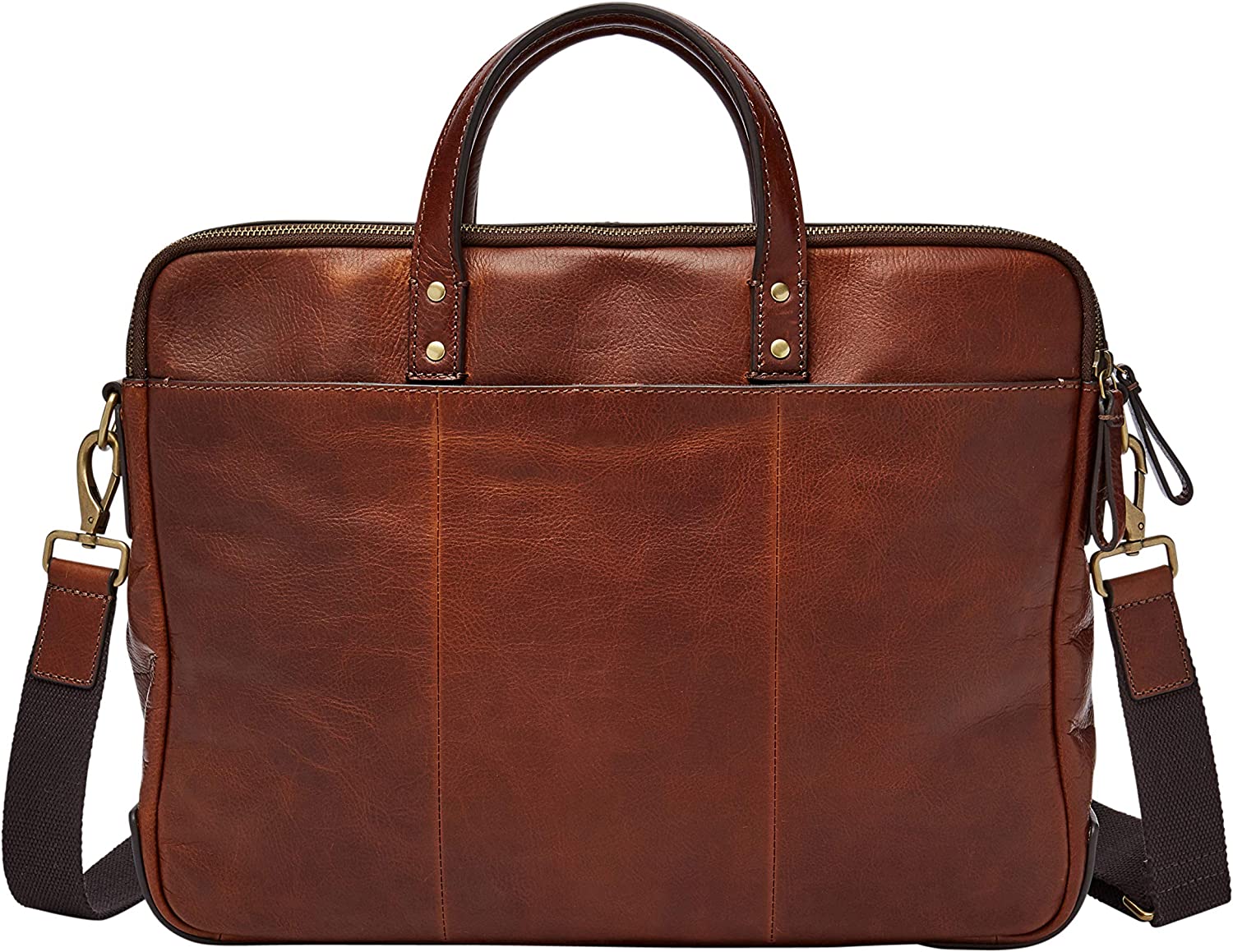 Fossil Men's Haskell Leather Double Zip Briefcase Messenger Laptop Bag， Cognac ， (Model: MBG9342222)